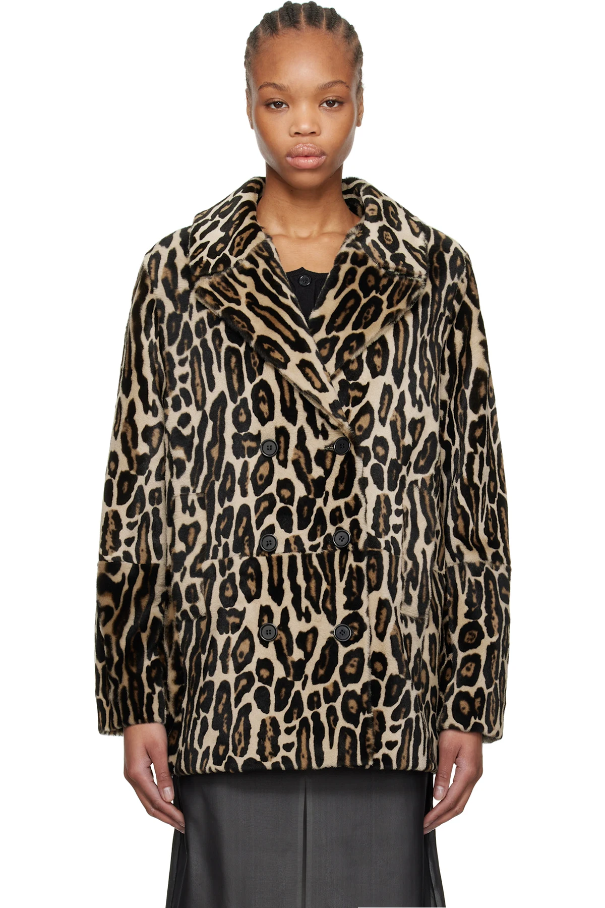Black & Brown Leopard Shearling Peacoat