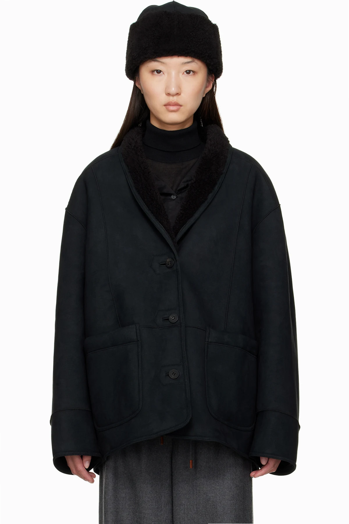 Black Shawl Collar Reversible Faux-Shearling Jacket