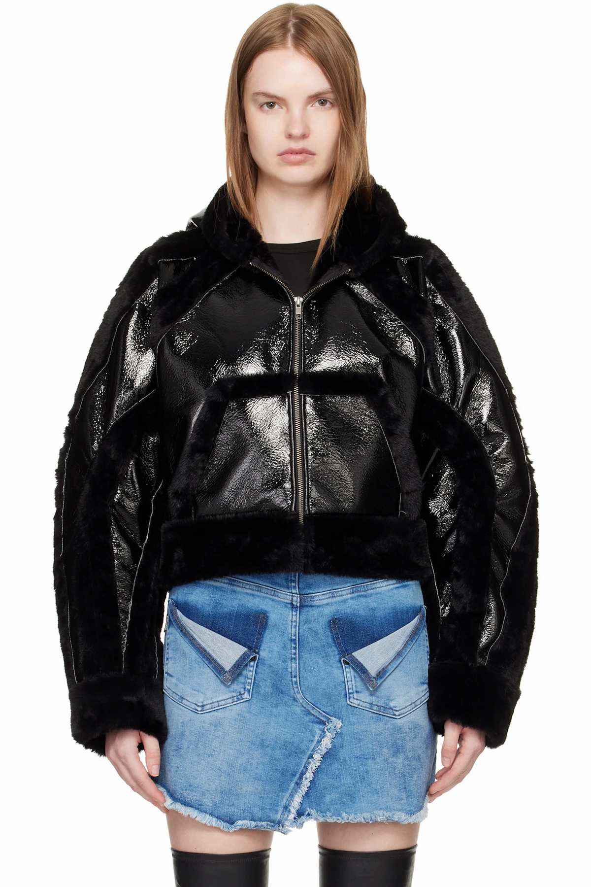 Black Fitted Multiline Faux-Fur Jacket