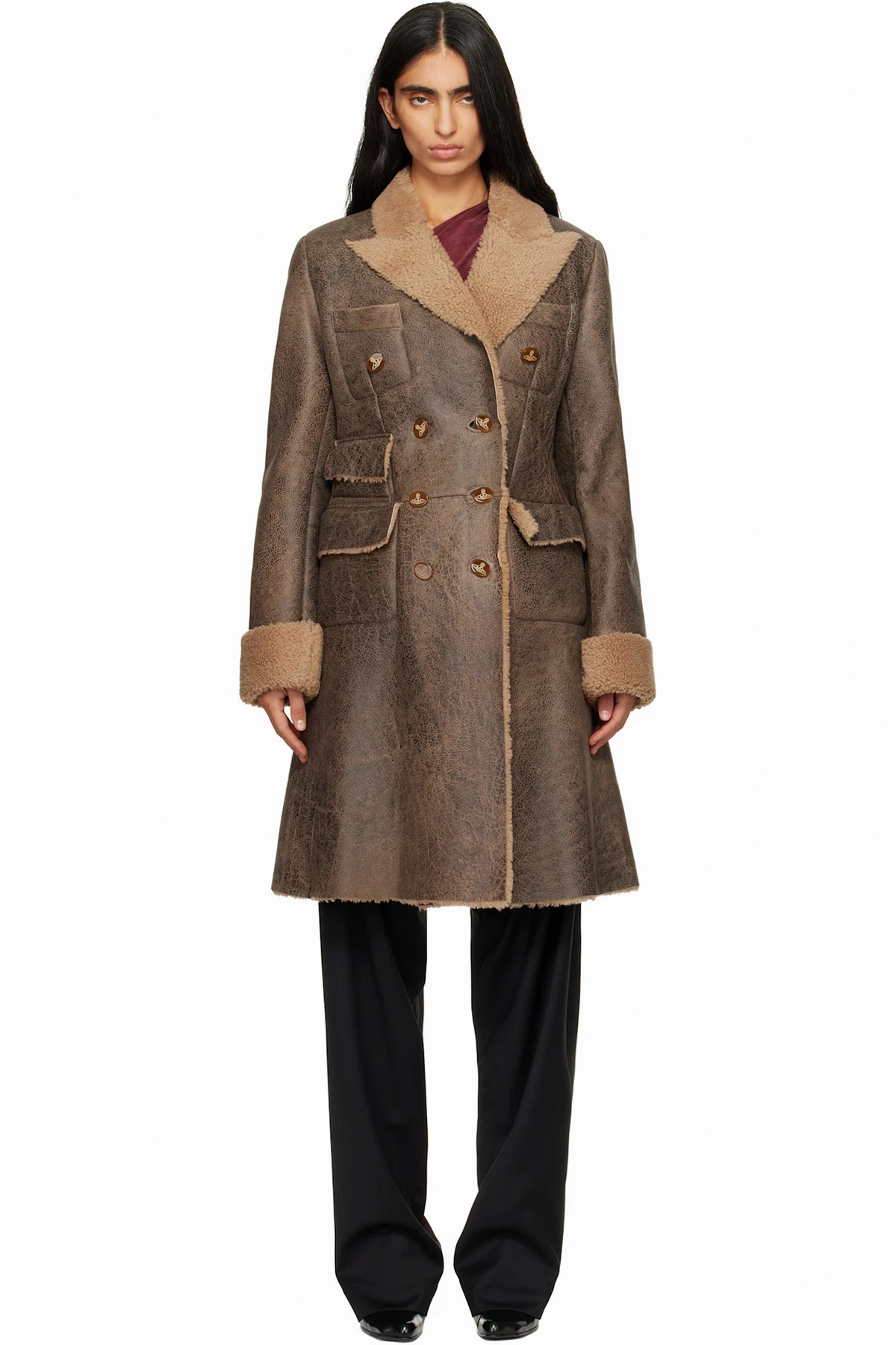 Brown Waisted Db Shearling Coat