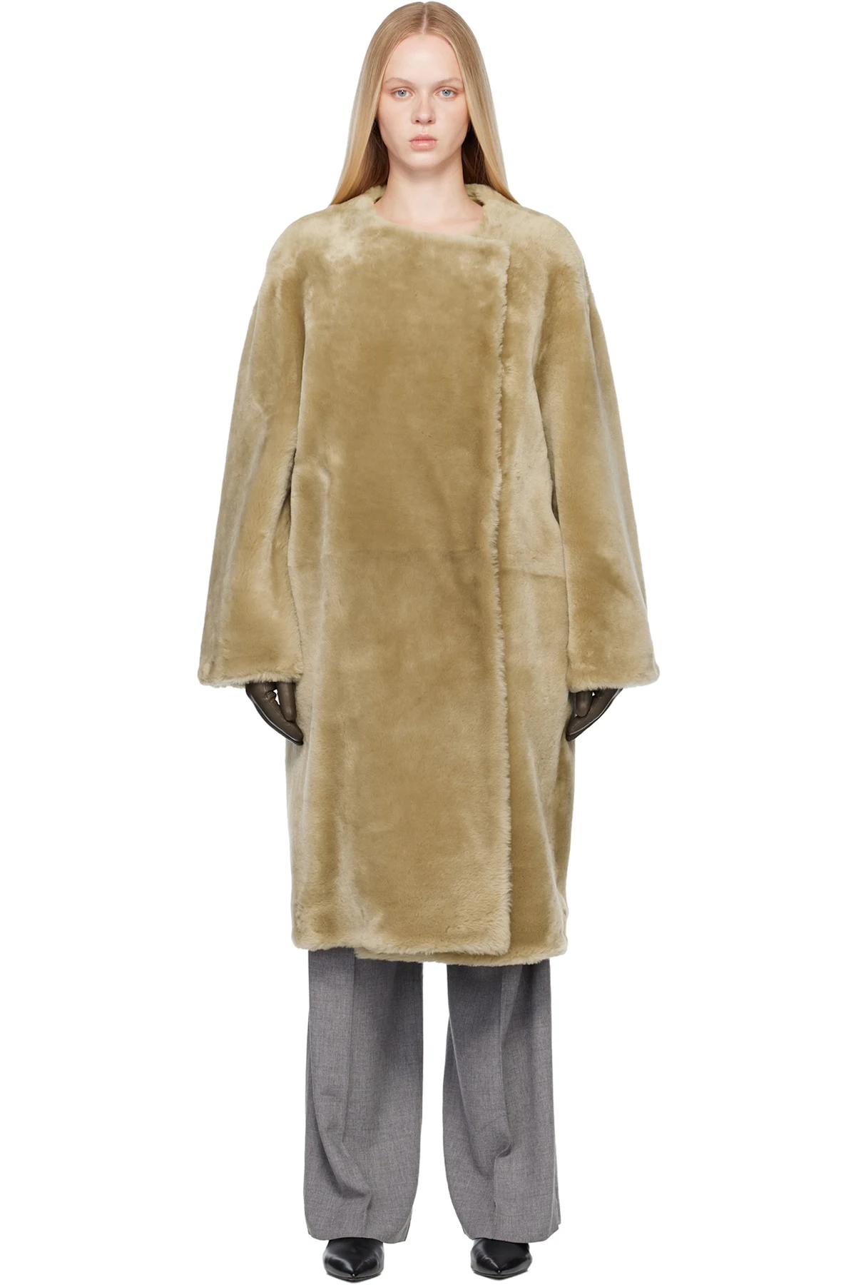 Beige Collarless Shearling Coat
