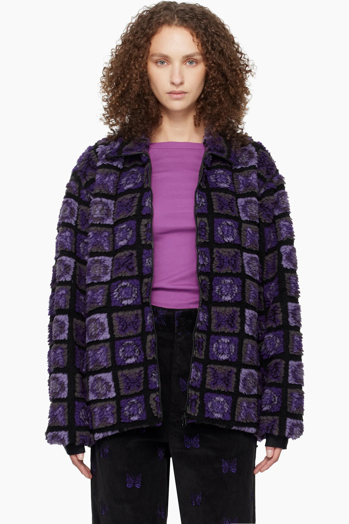 Purple & Black Papillon Plaid Pile Jacket