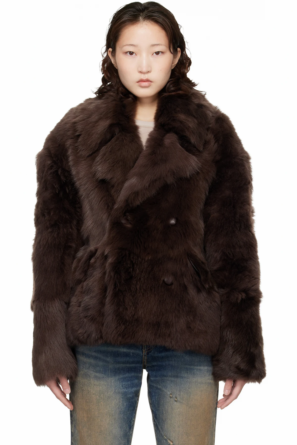 Brown Hairy Caban Shearling Coat