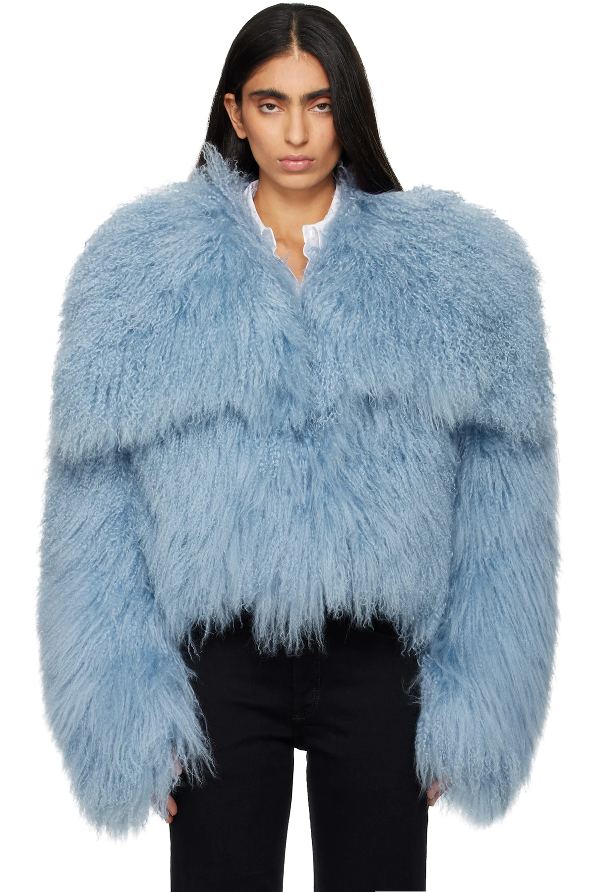 Blue Shearling Bomber Jacket