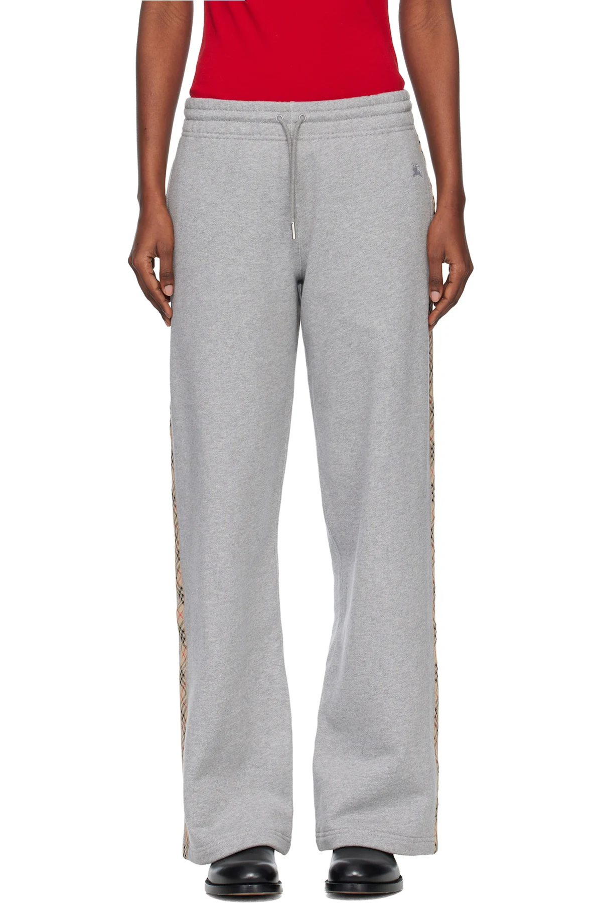 Gray Check Trim Cotton Track Pants
