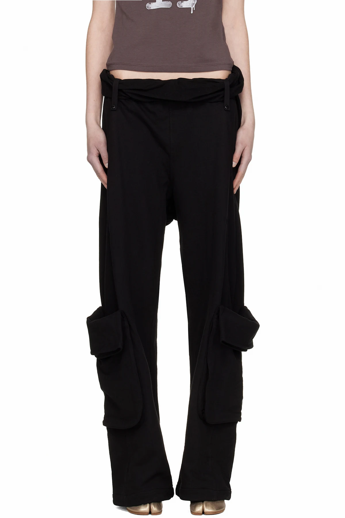 Black Rolled Waist Sweat Cargo Pants