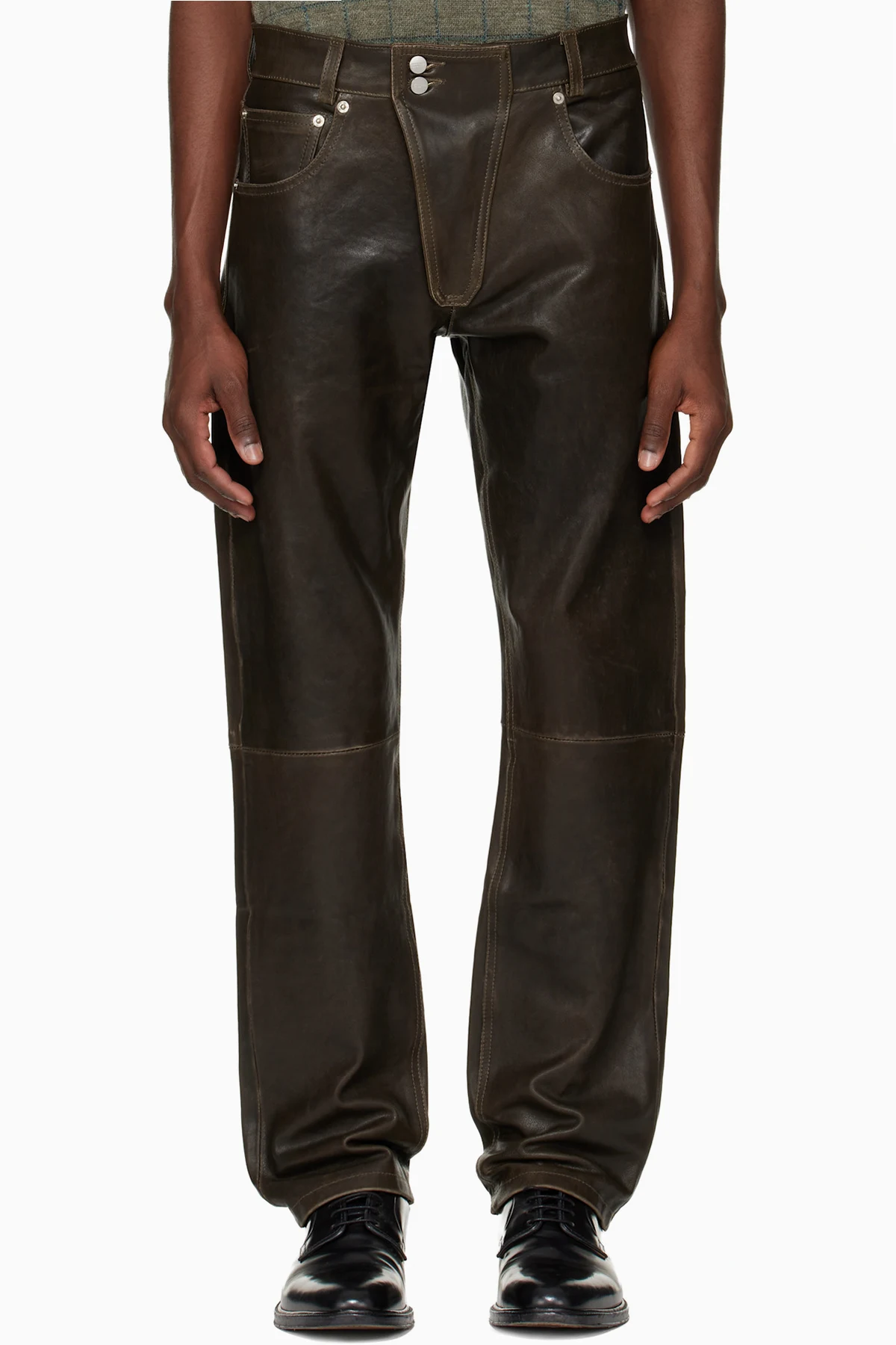 Brown Moto Fly Straight Leg Leather Pants