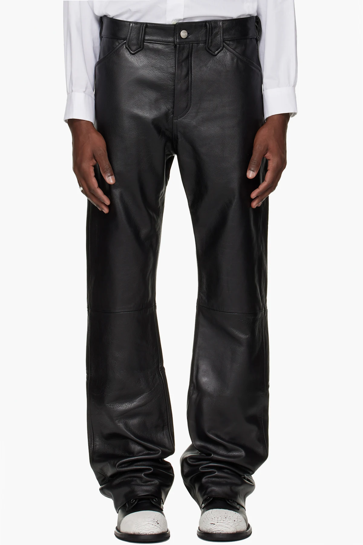 Black Leather Flare Pilot Pants