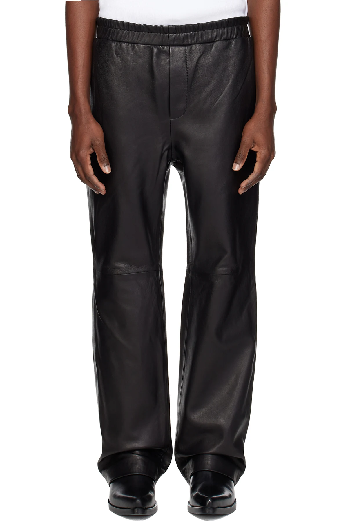 Black Elastic Waist Leather Pants