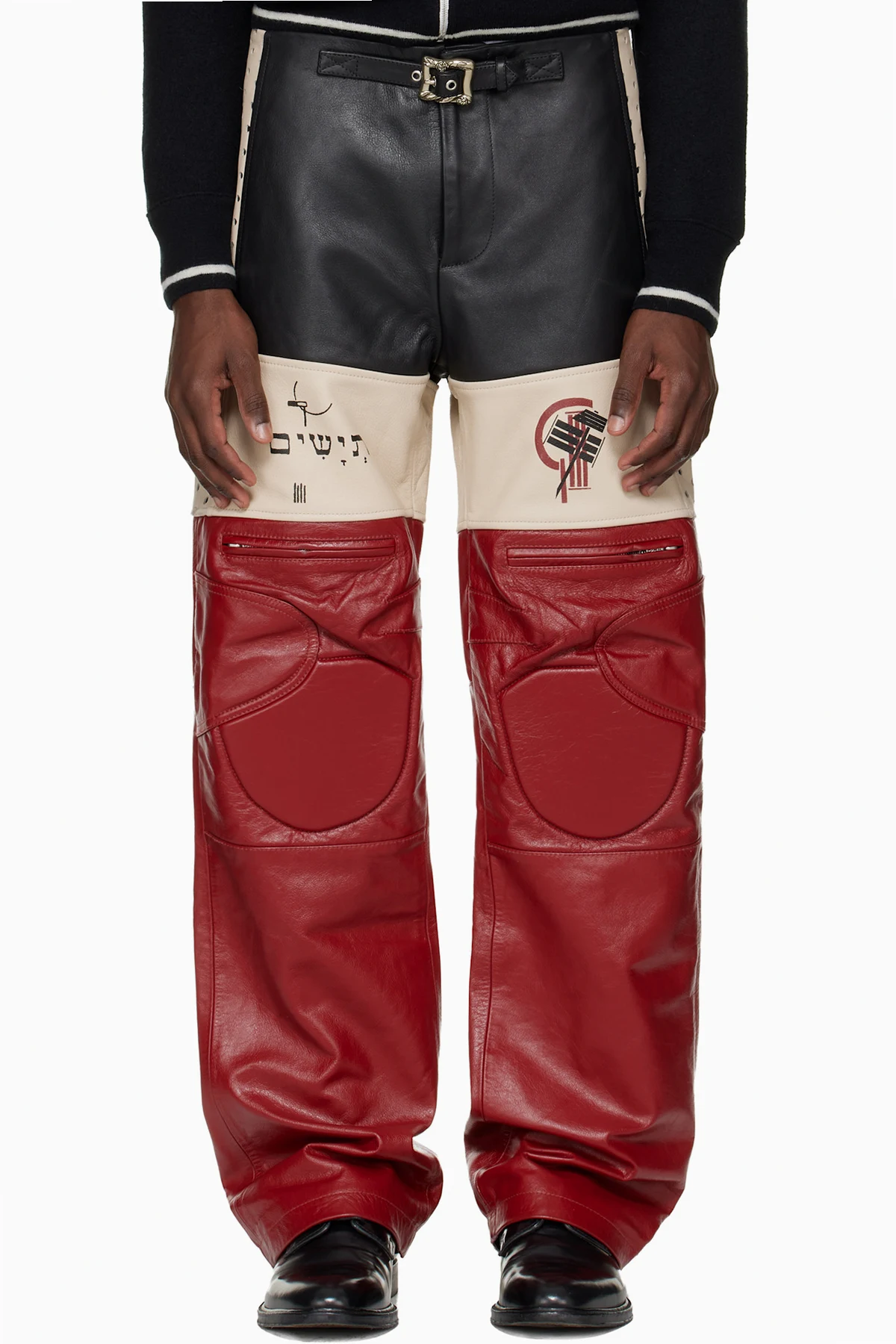 Red & Taupe Tripping Light Moto Leather Pants