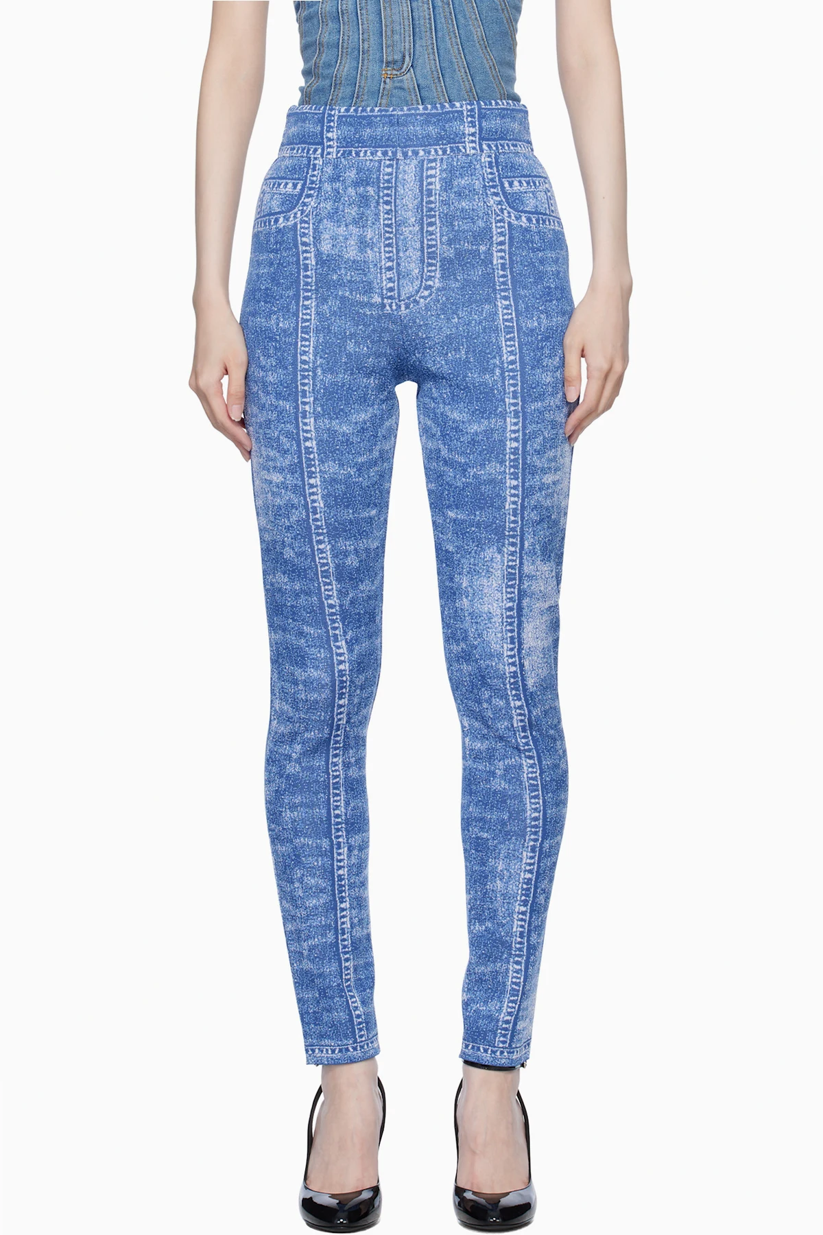 Blue Denim Effect Knit Leggings