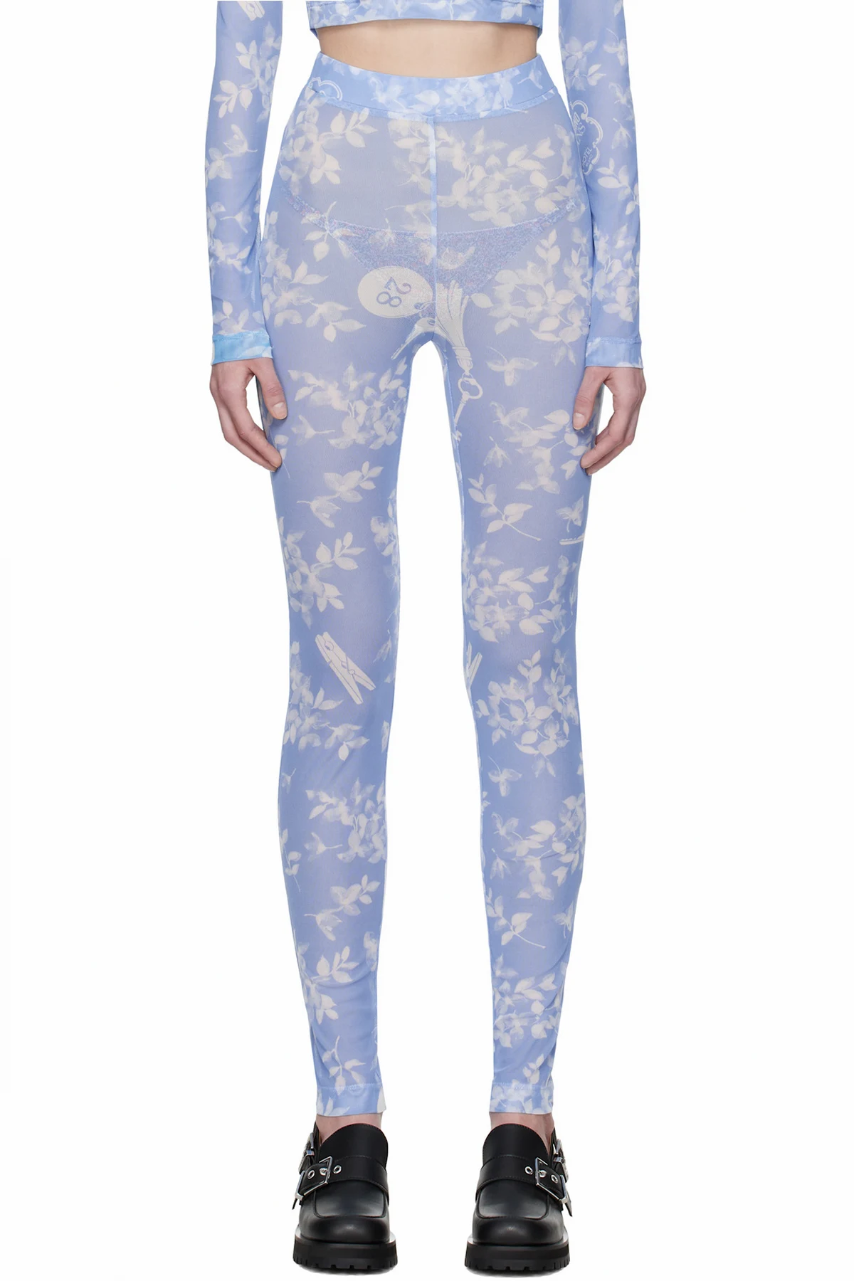 Blue Floral Print Mesh Leggings