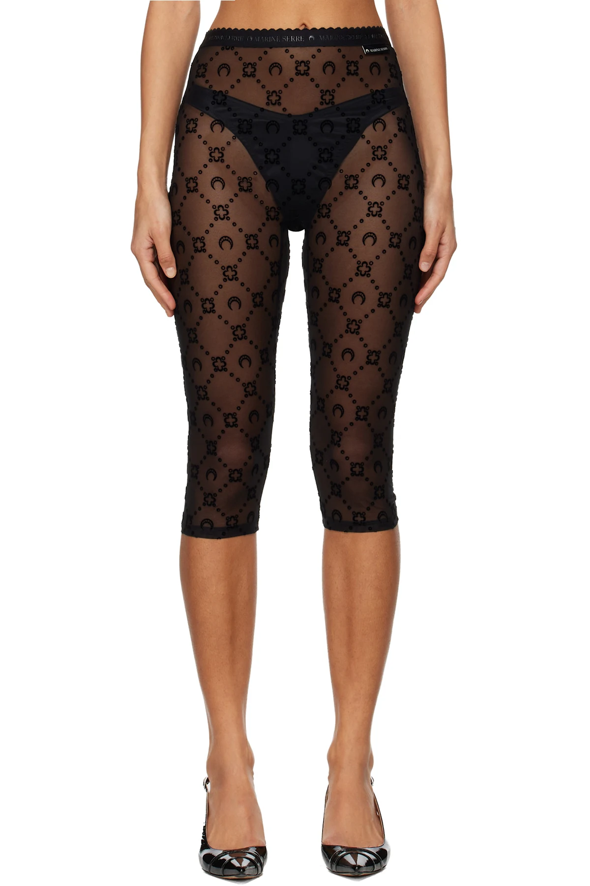 Black Moonogram Mesh Flock Capri Leggings