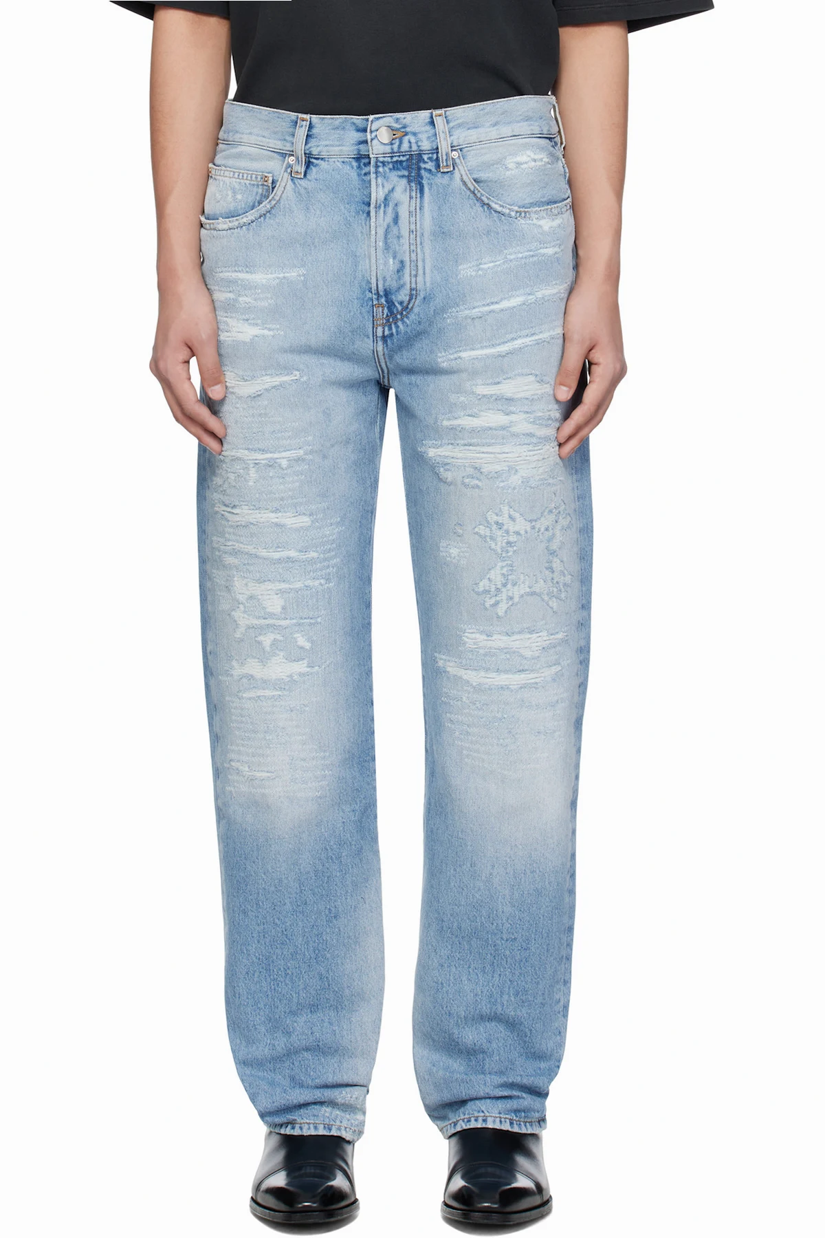 Blue 'MA' Quad Repaired Straight Jeans
