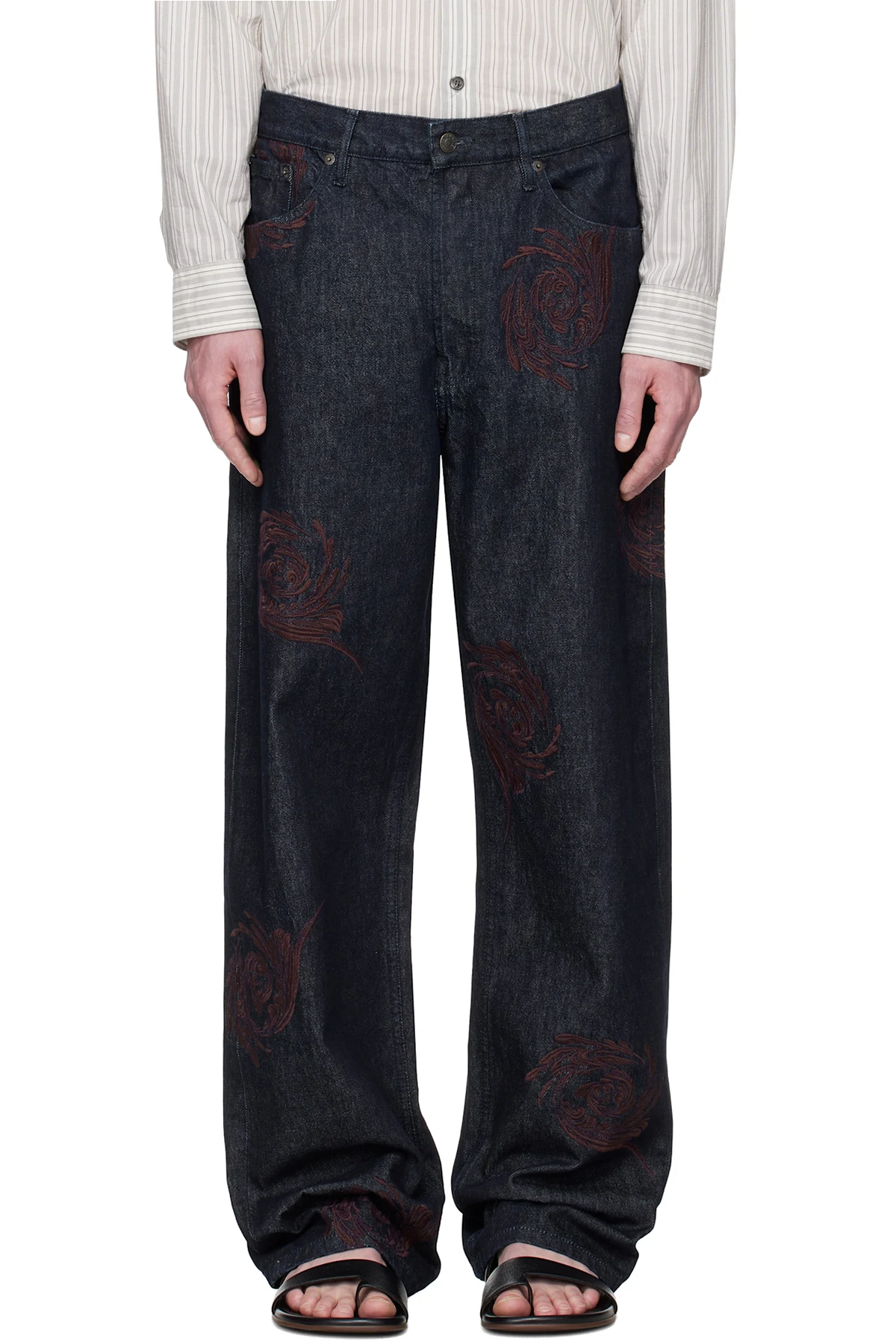 Navy Embroidered Pattern Jeans