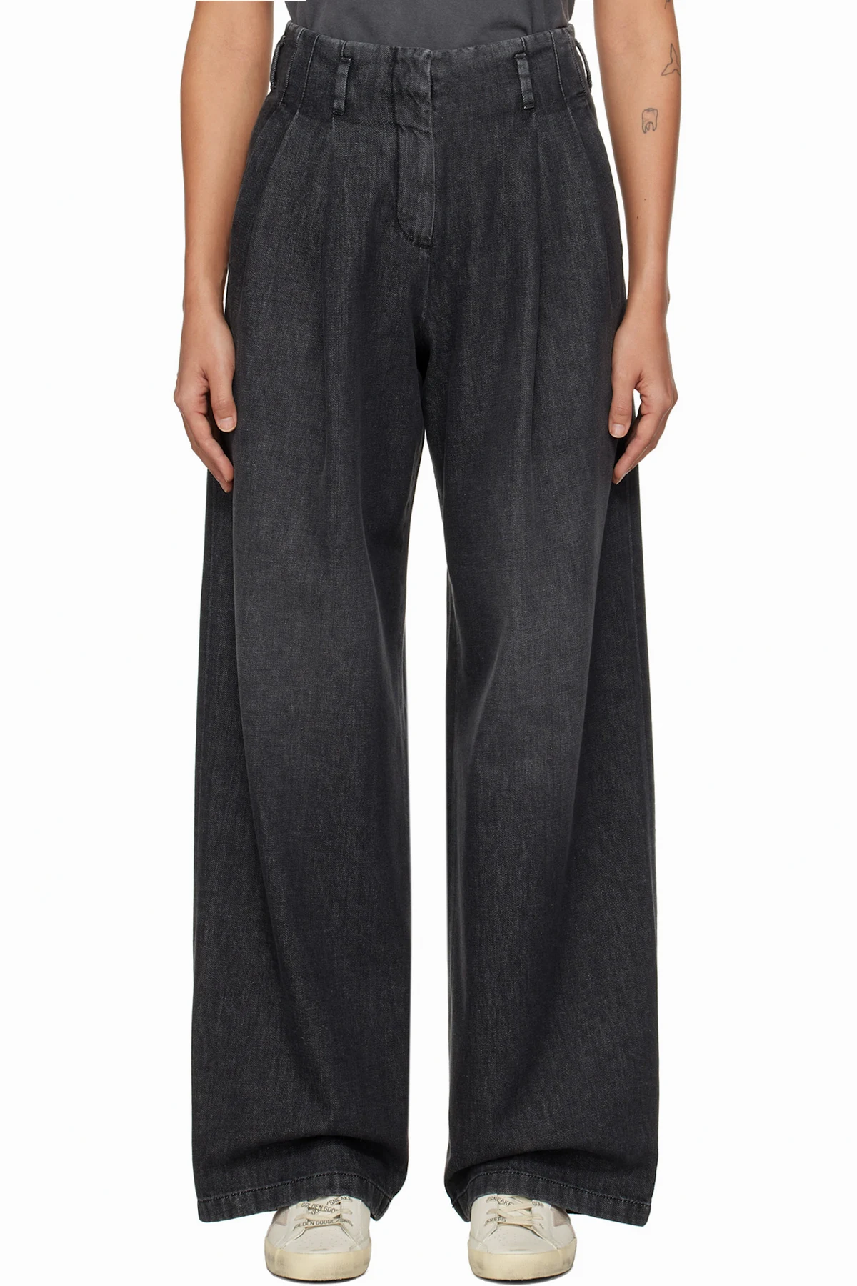 Gray Cotton Pleated Jeans