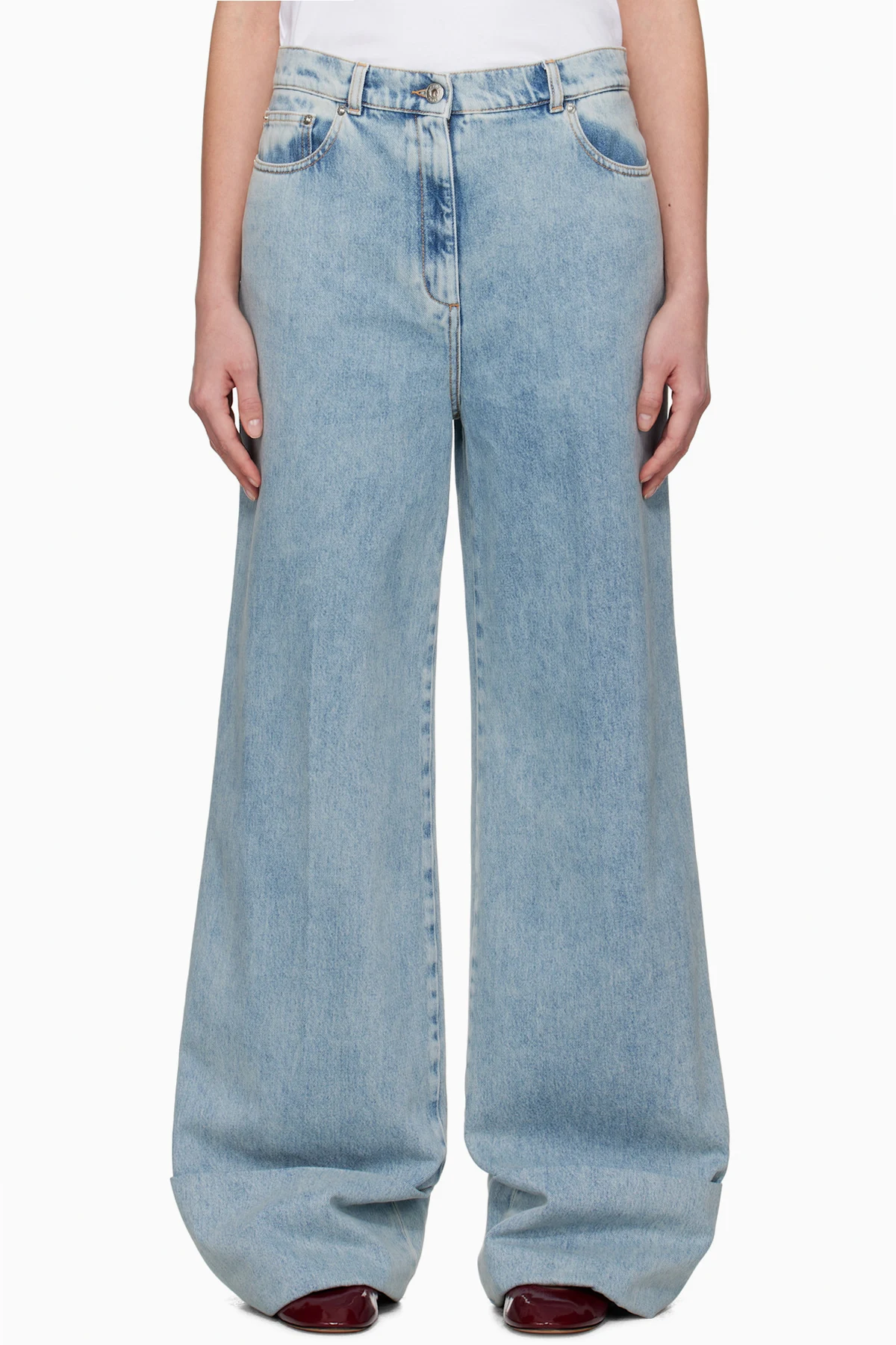 Blue Wide-Leg Cuffed Jeans