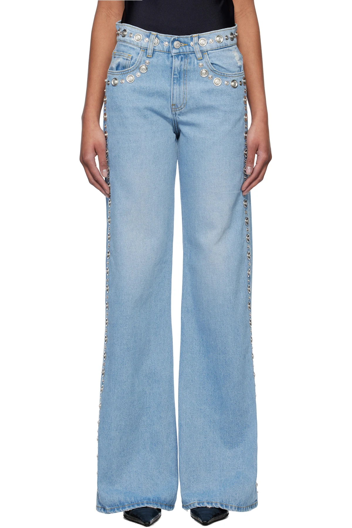 Blue Studded Wide Leg Jeans