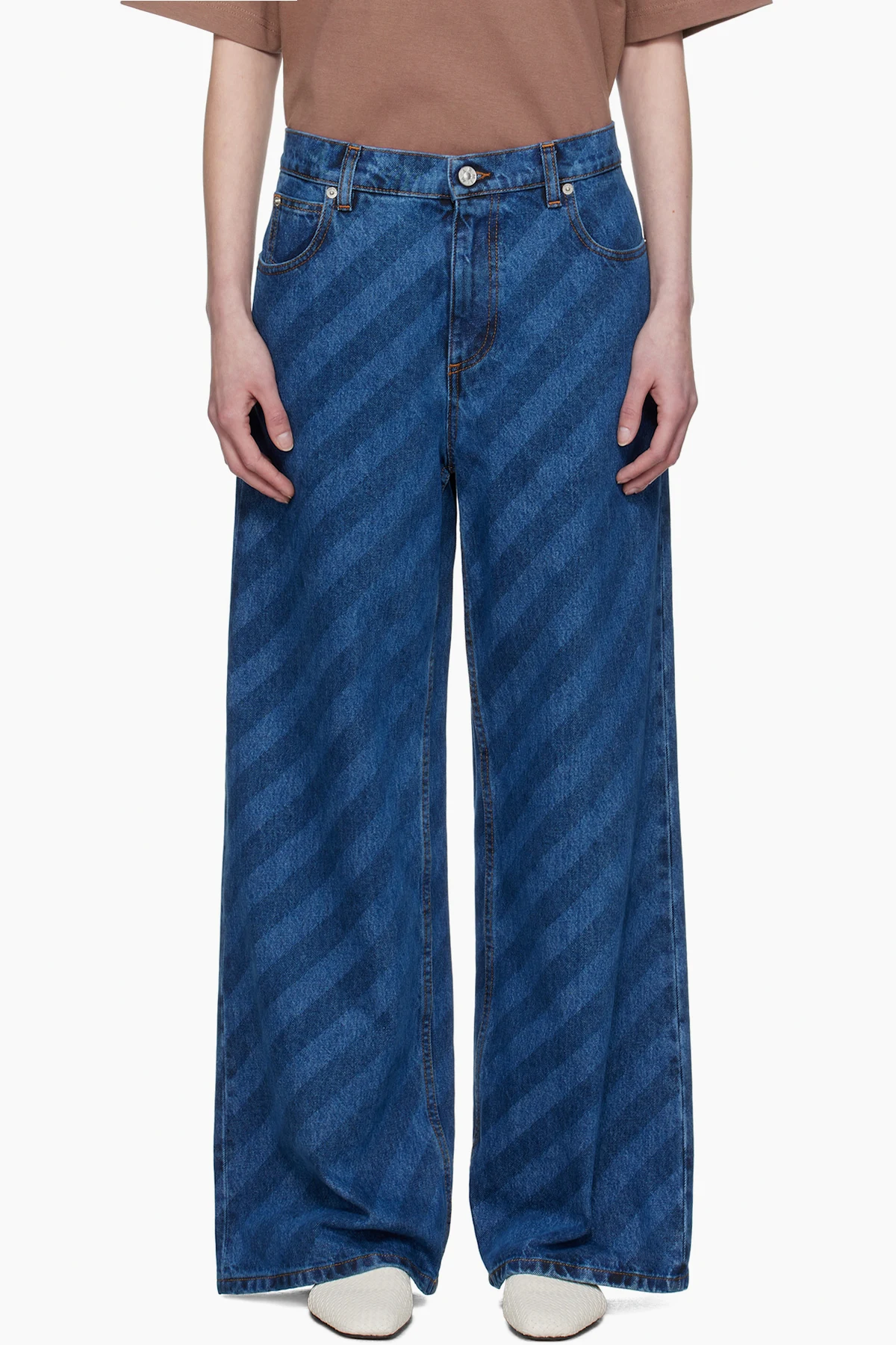Blue Wide Leg Diagonal Stripe Jeans