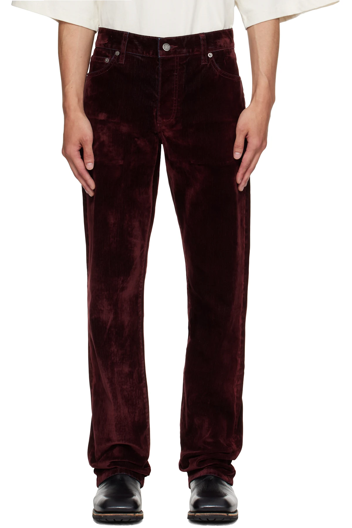 Burgundy Rafa Stretch Suede Denim Straight Leg Jeans
