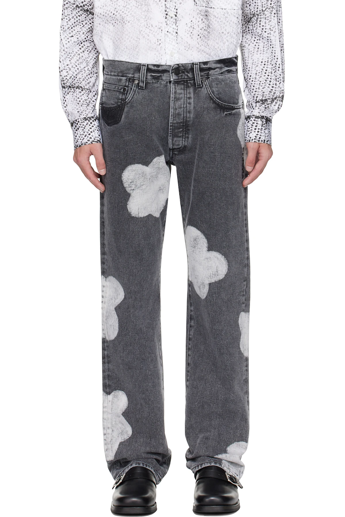 Gray Bleached Flower Jeans