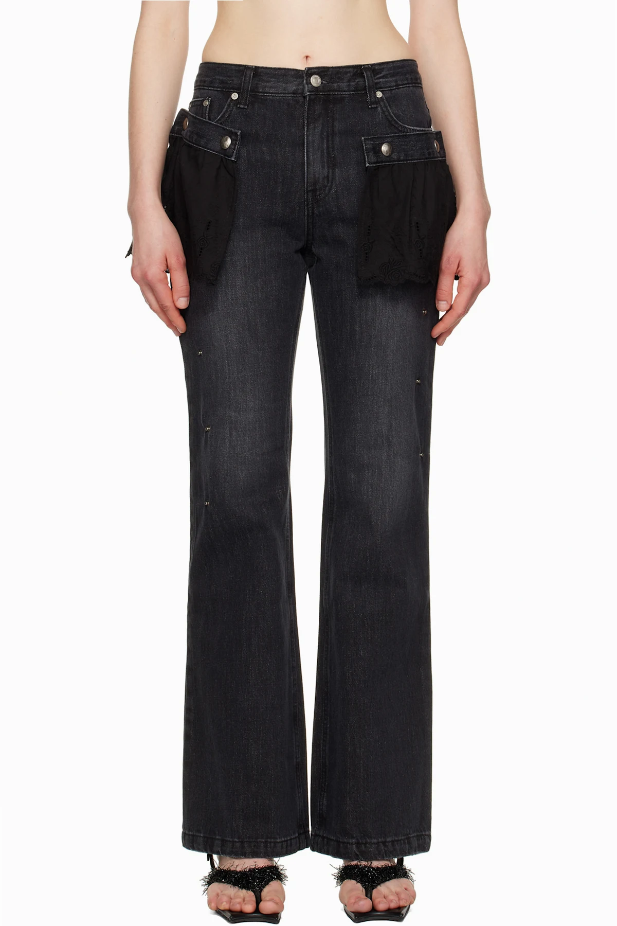 Black Flower Lace Attached Bootcut Jeans