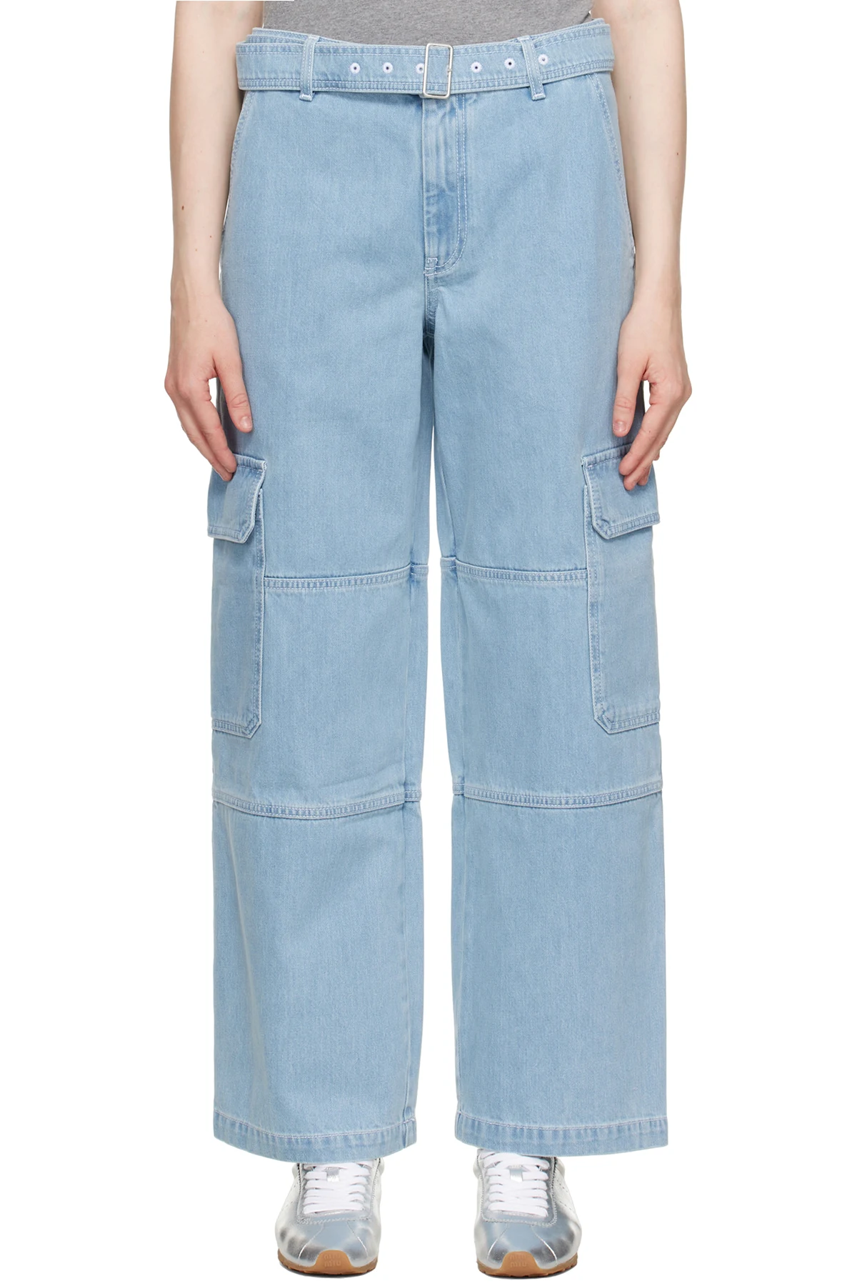 Blue Belted Utility Denim Cargo Pants