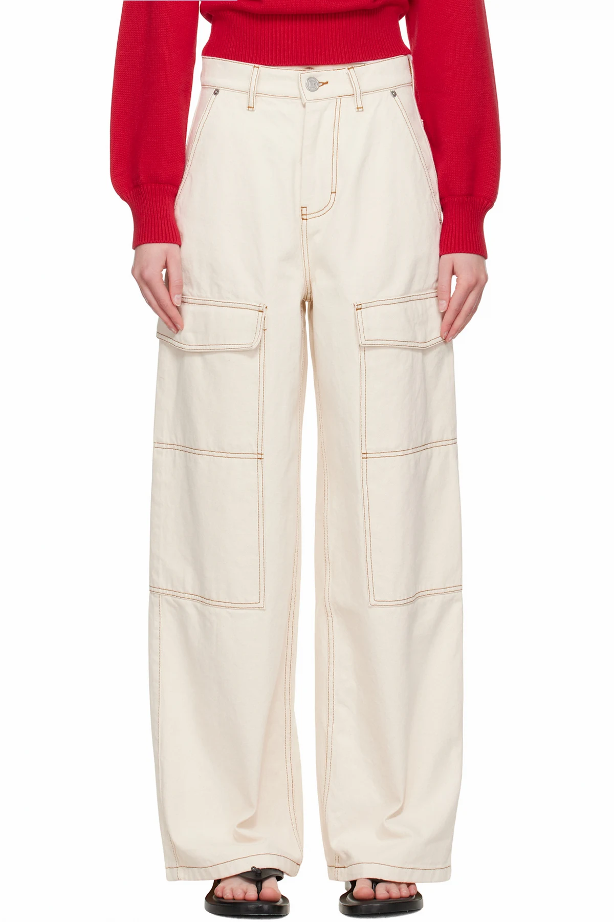 Beige Cotton Wide Fit Denim Cargo Pants