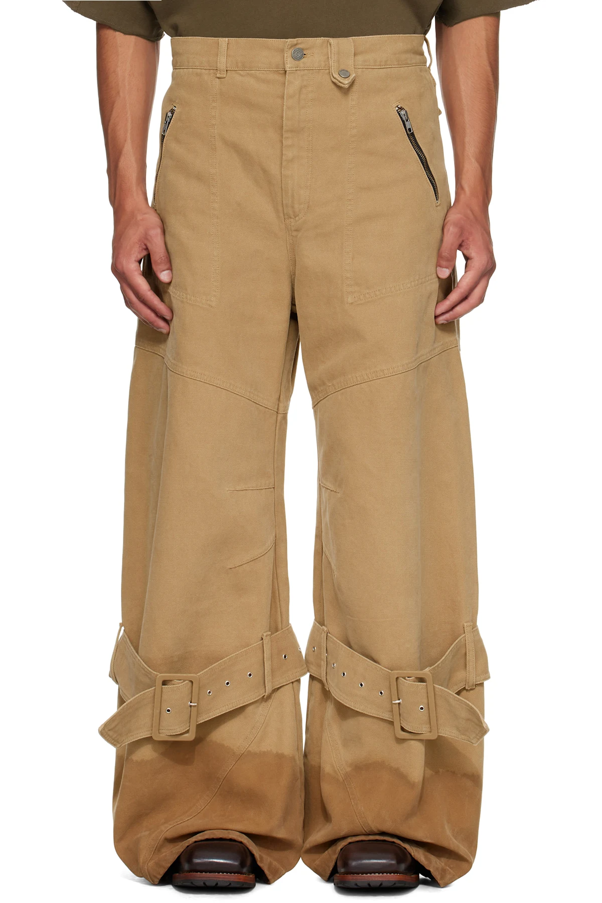 Beige Pin-Buckle Cargo Jeans
