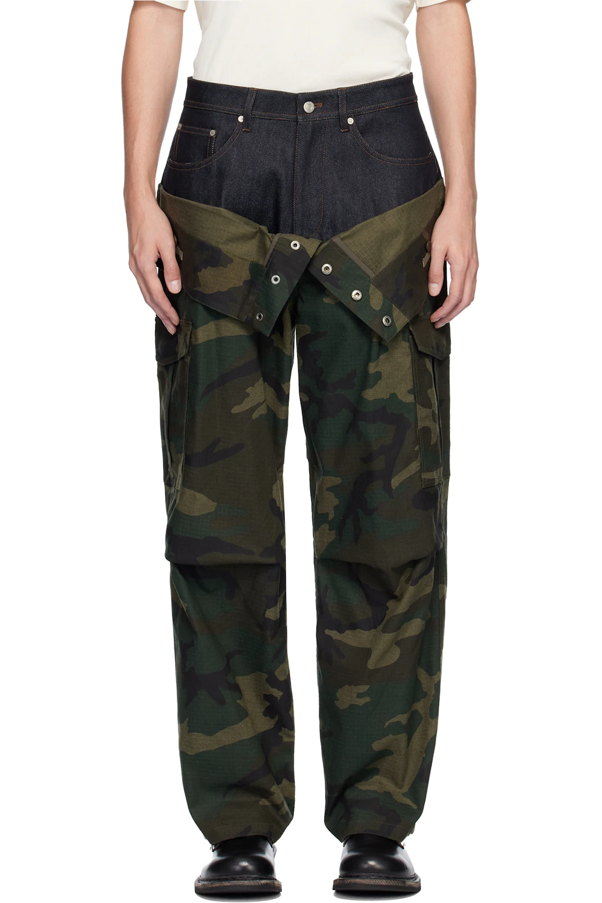 Khaki Camo Double Waist Work Wide-Leg Trousers