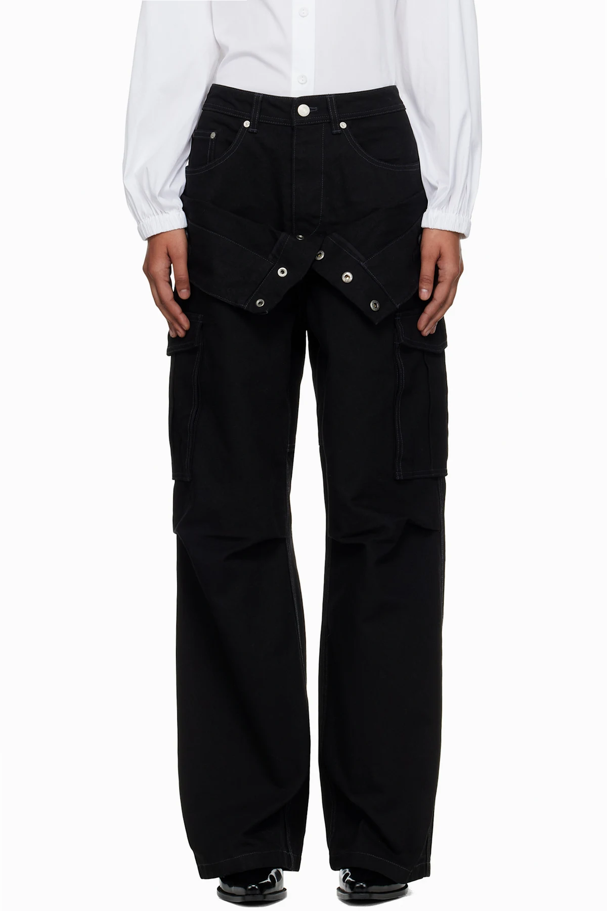 Black Double Waist Work Wide-Leg Cargo Pants