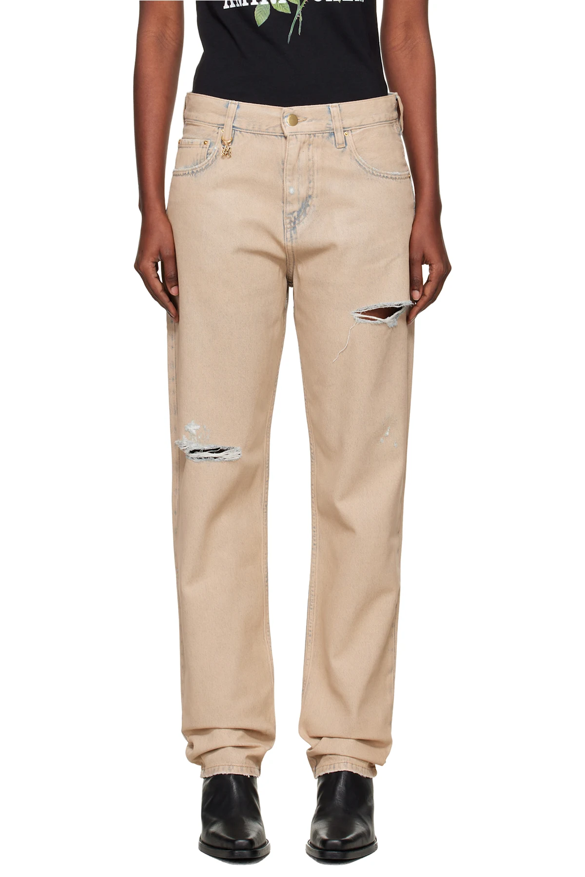 Beige Straight Ripped Jeans