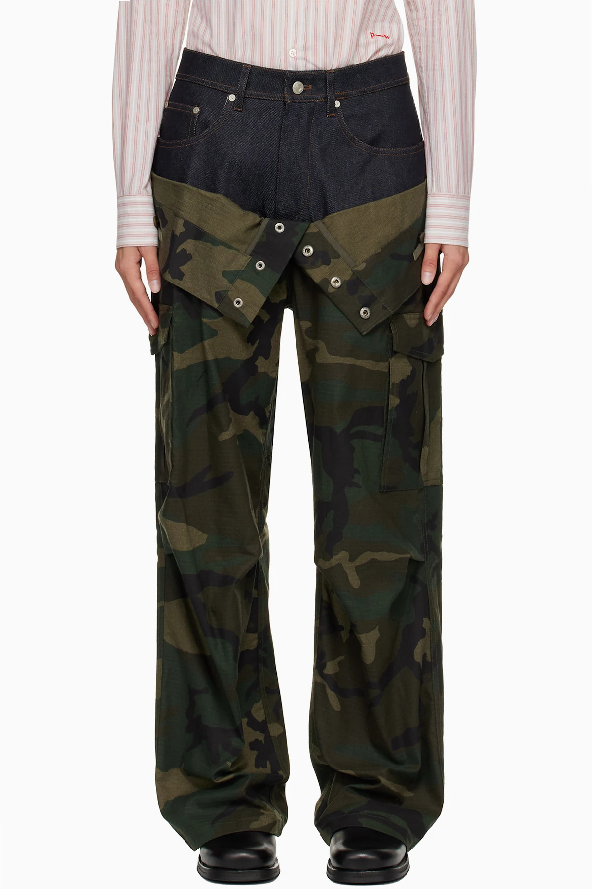 Khaki Camouflage Double Waist Work Wide-Leg Cargo Pants