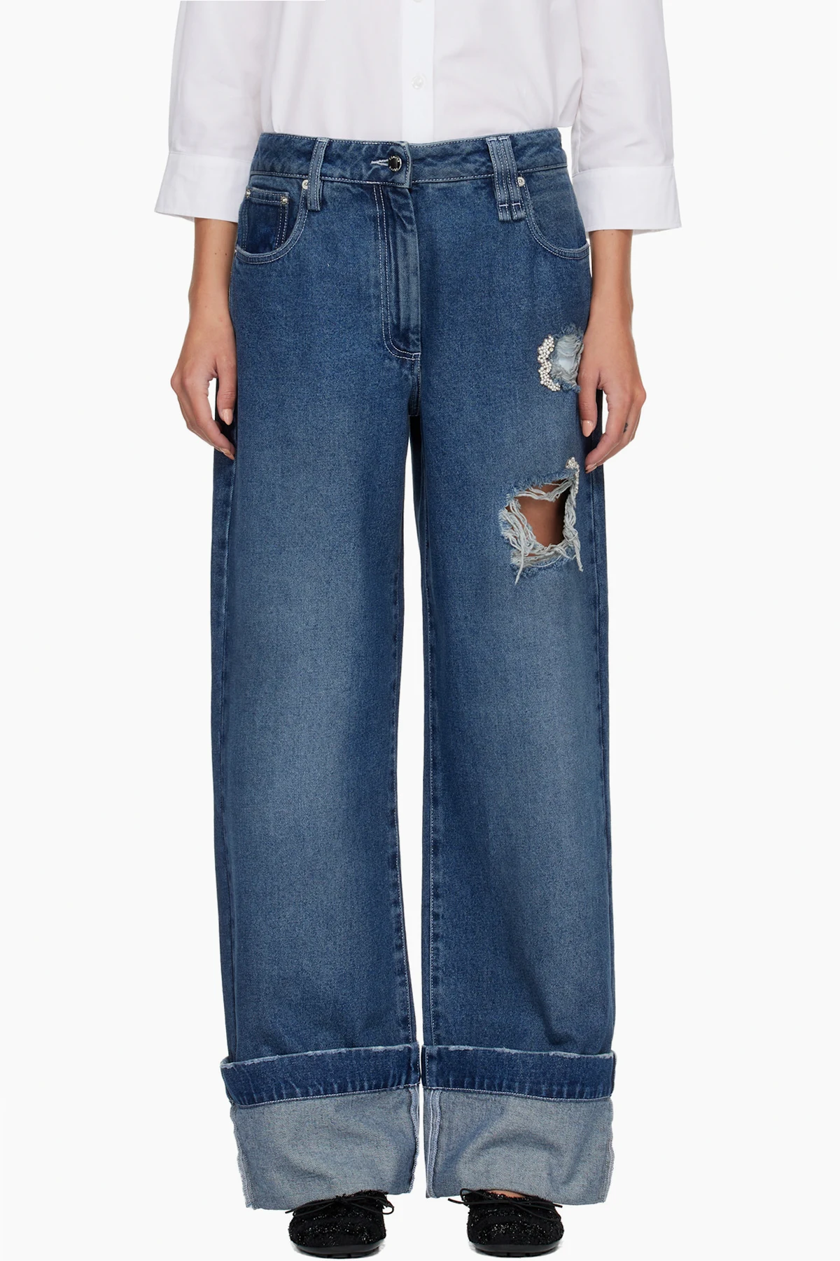 Blue Embellished Straight Leg Jeans
