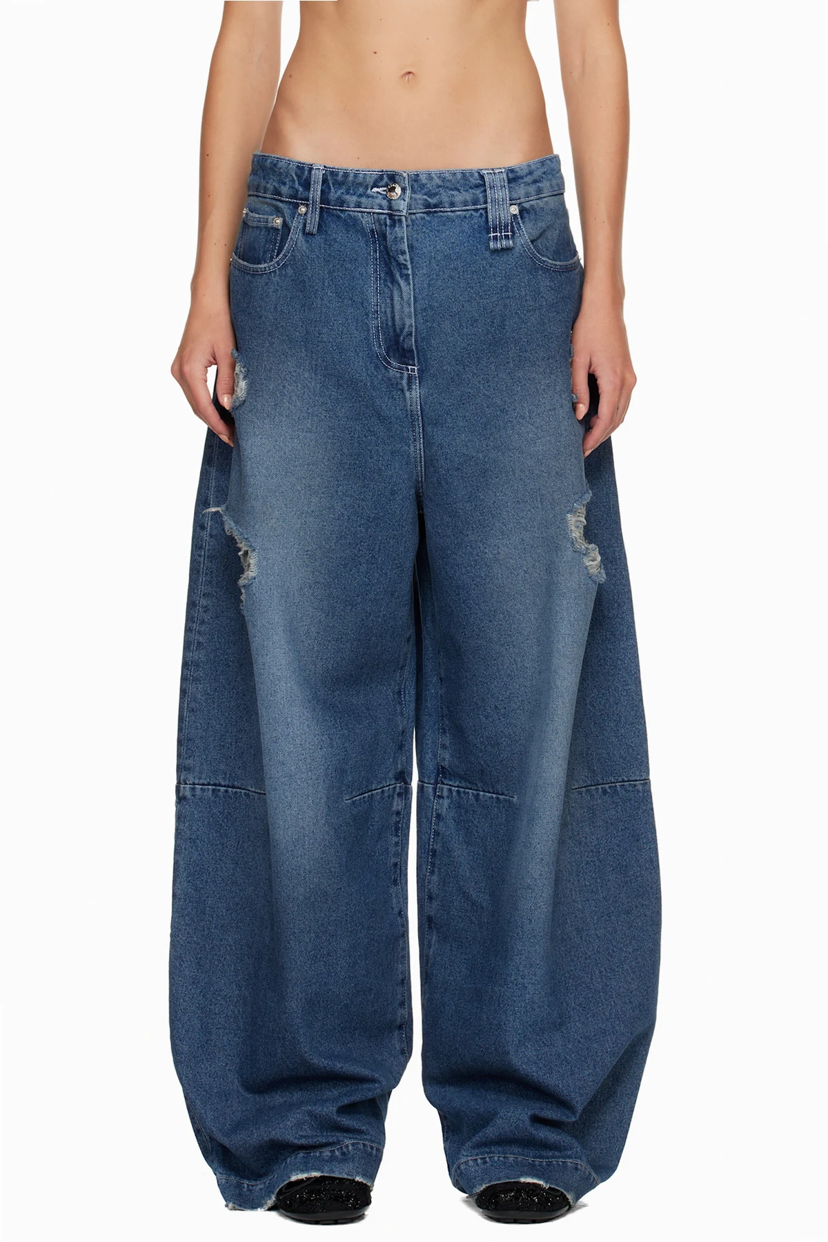 Blue Embellished Wide Leg Puddle Jeans