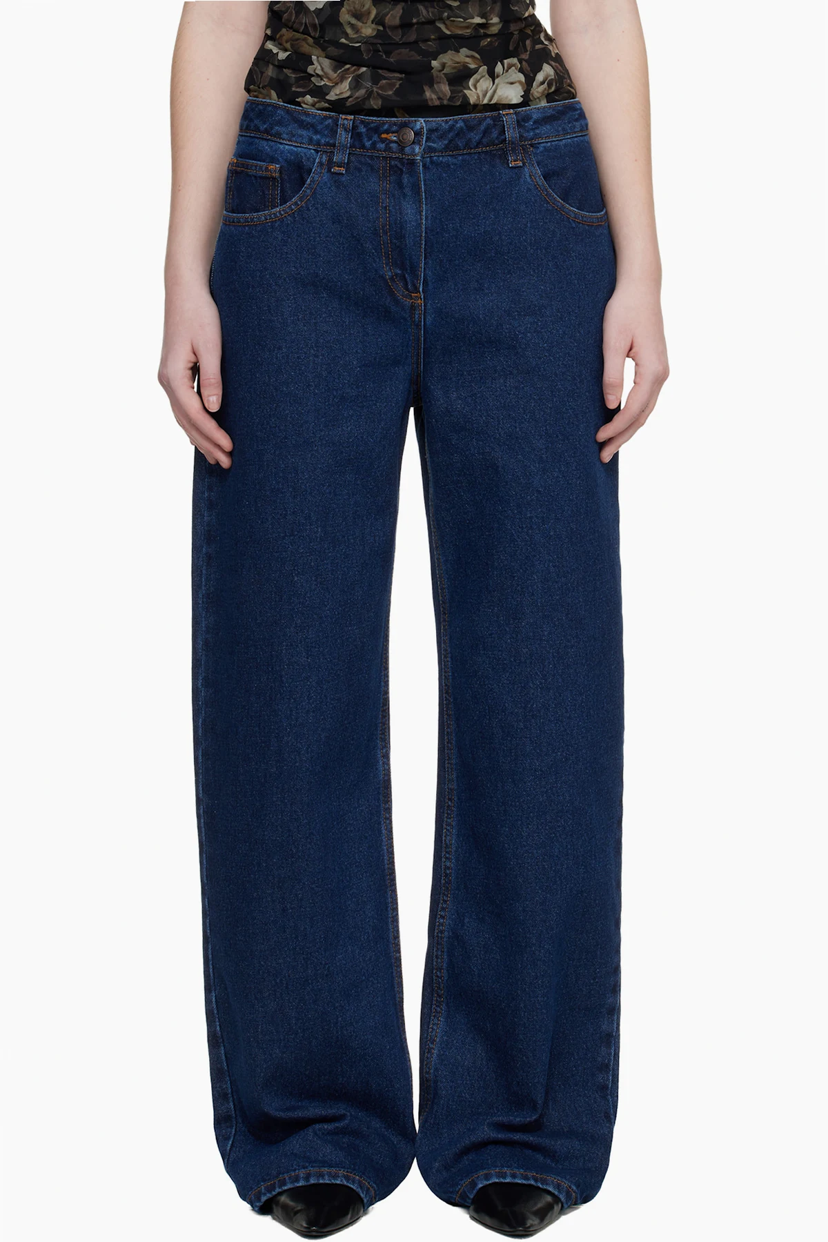 Navy Loose-Leg Faded Jeans