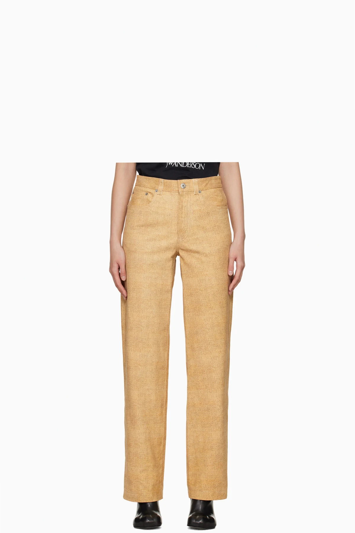 Beige Straight-Fit Leather Pants