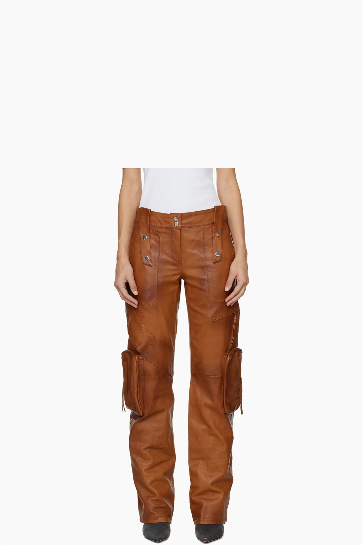 Brown Bellows Pocket Leather Pants