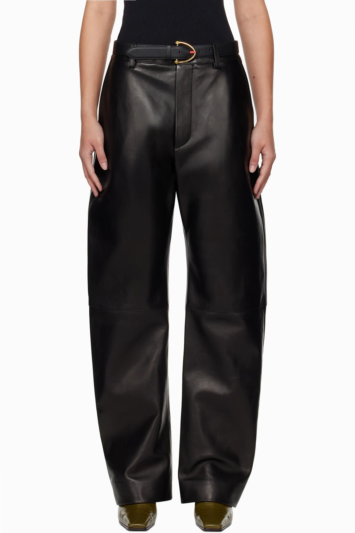 Black Rounded Leg Leather Pants