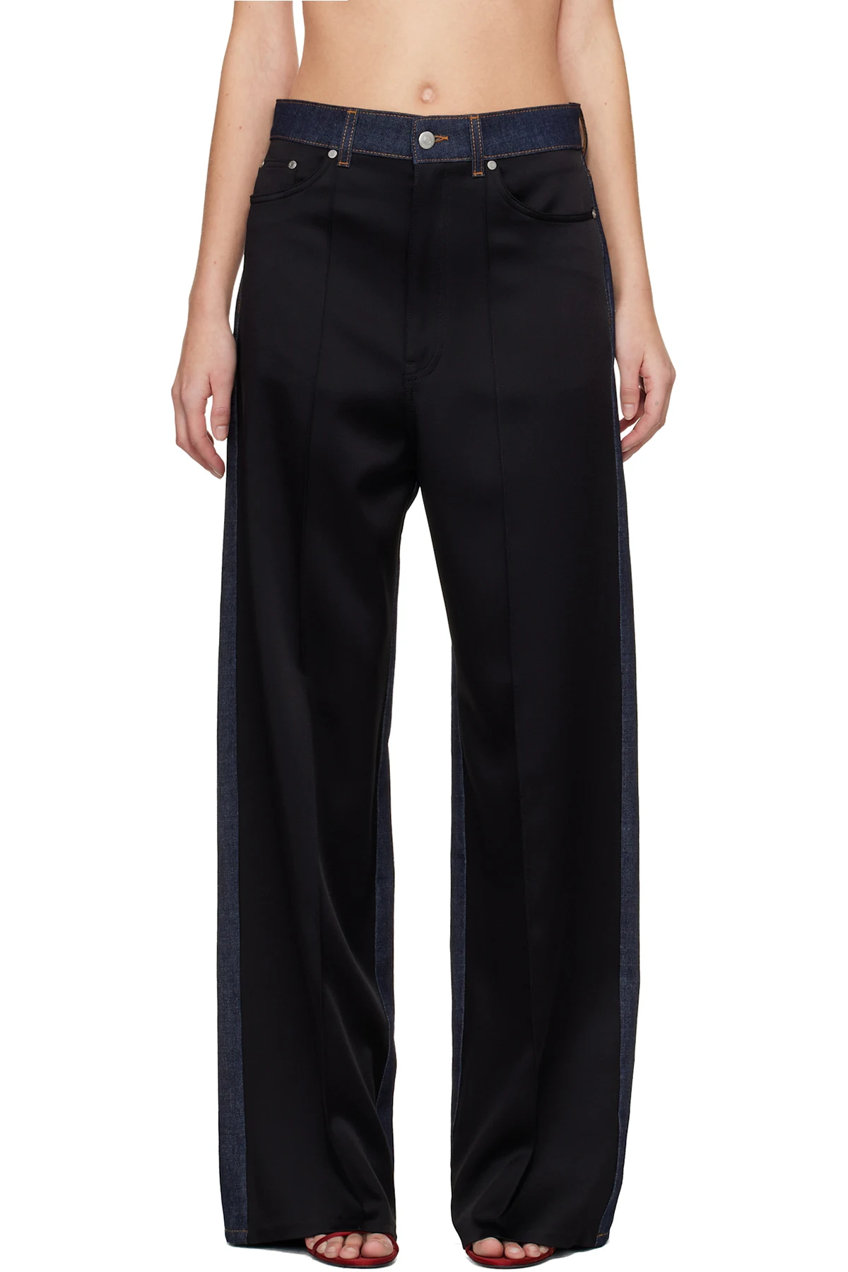 Navy & Black Wide-Leg Satin-Panel Jeans