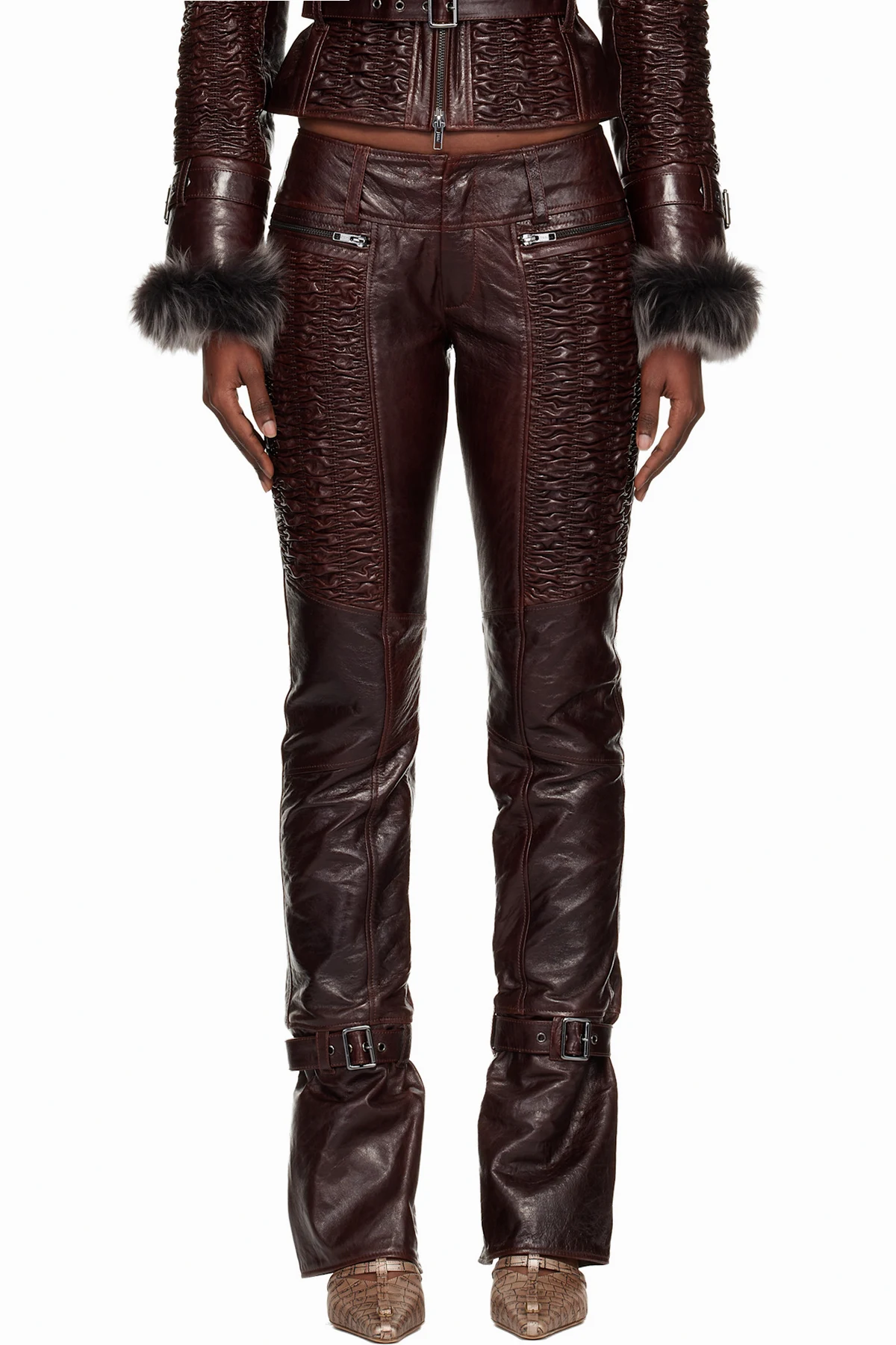 Brown Smocked Straight Leg Leather Trousers