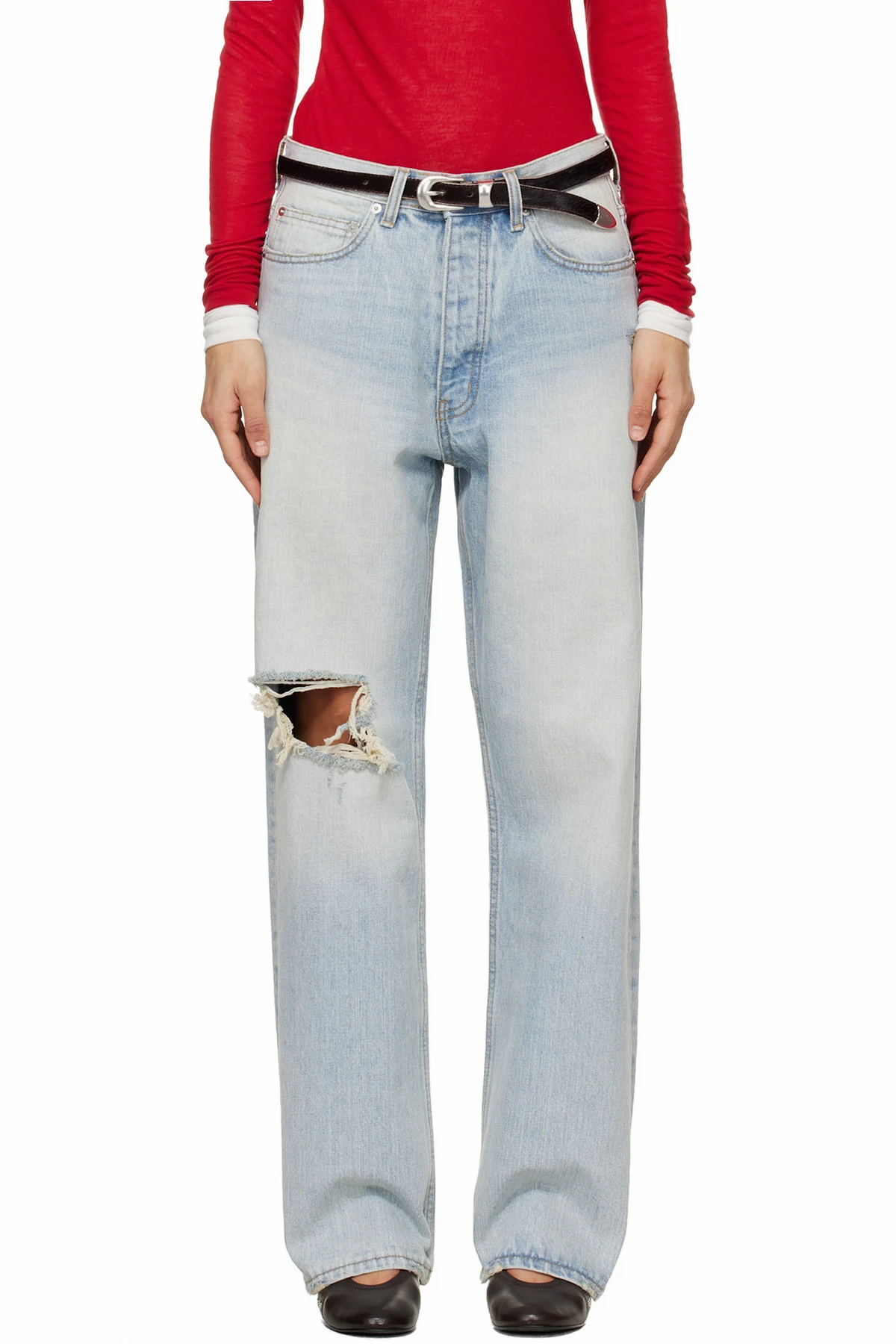 Blue Distressed Loose Straight Jeans