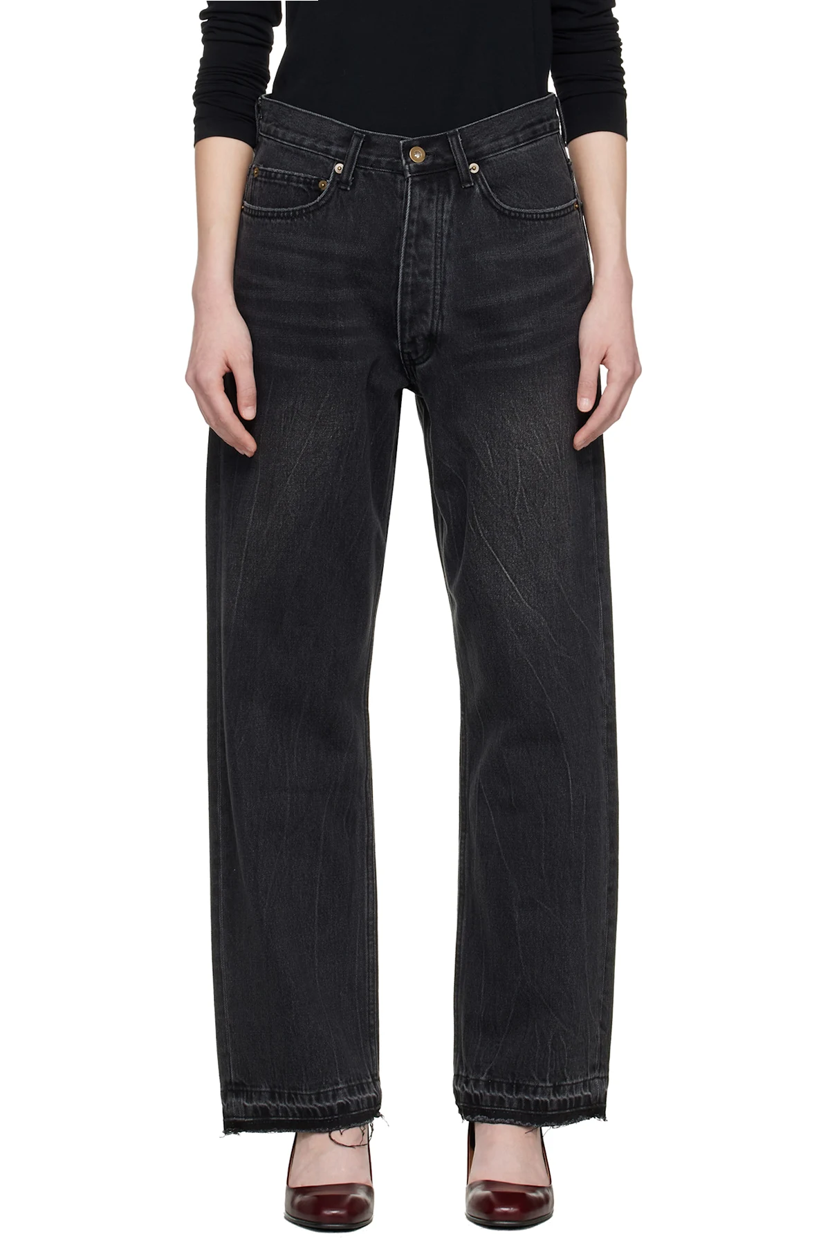 Black Frayed Hem Loose Straight Denim Jeans