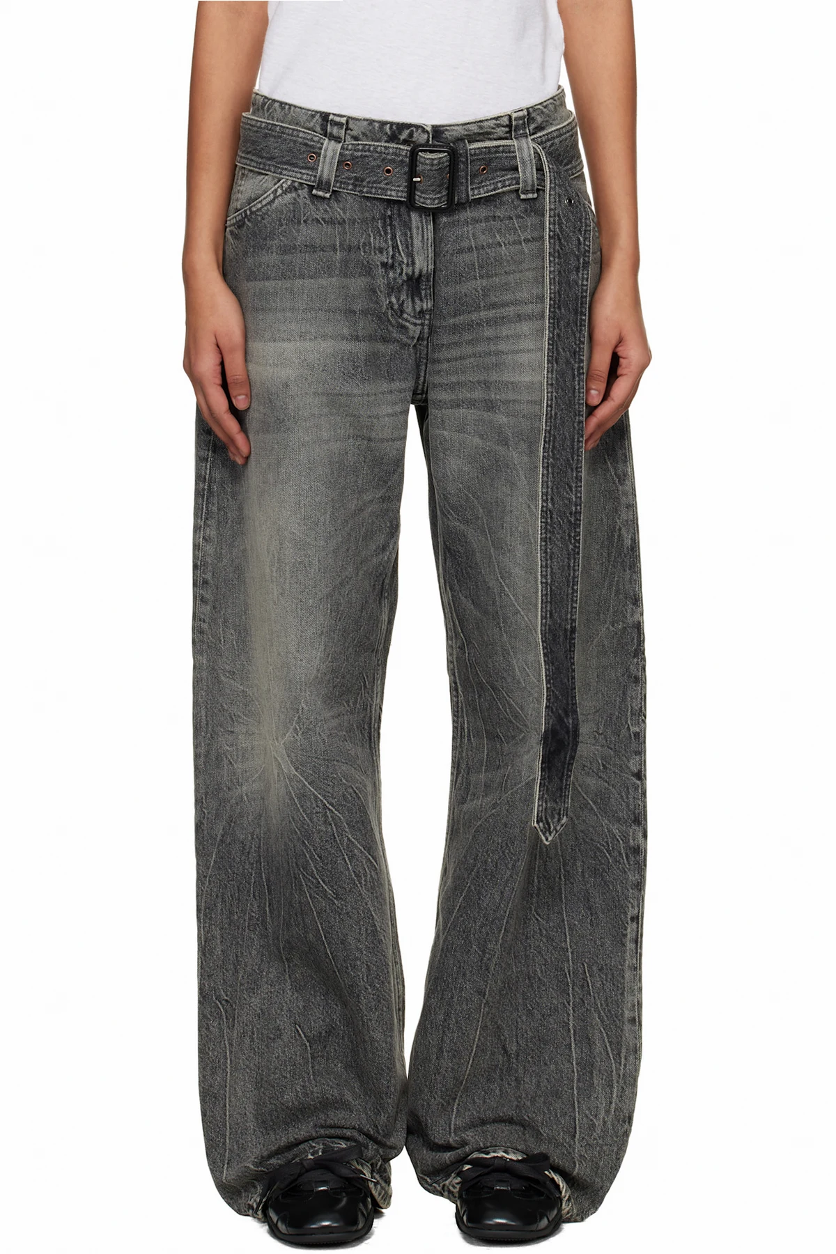 Gray Belted Relaxed Fit Jeans