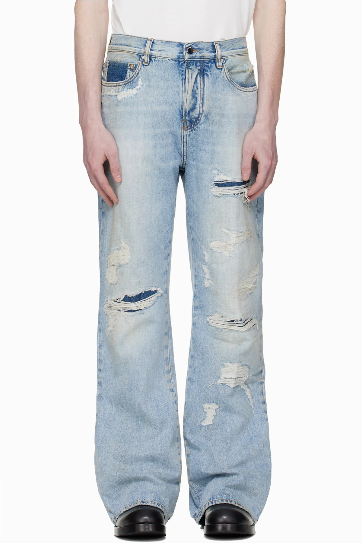 Blue Distressed Boot Cut Jeans