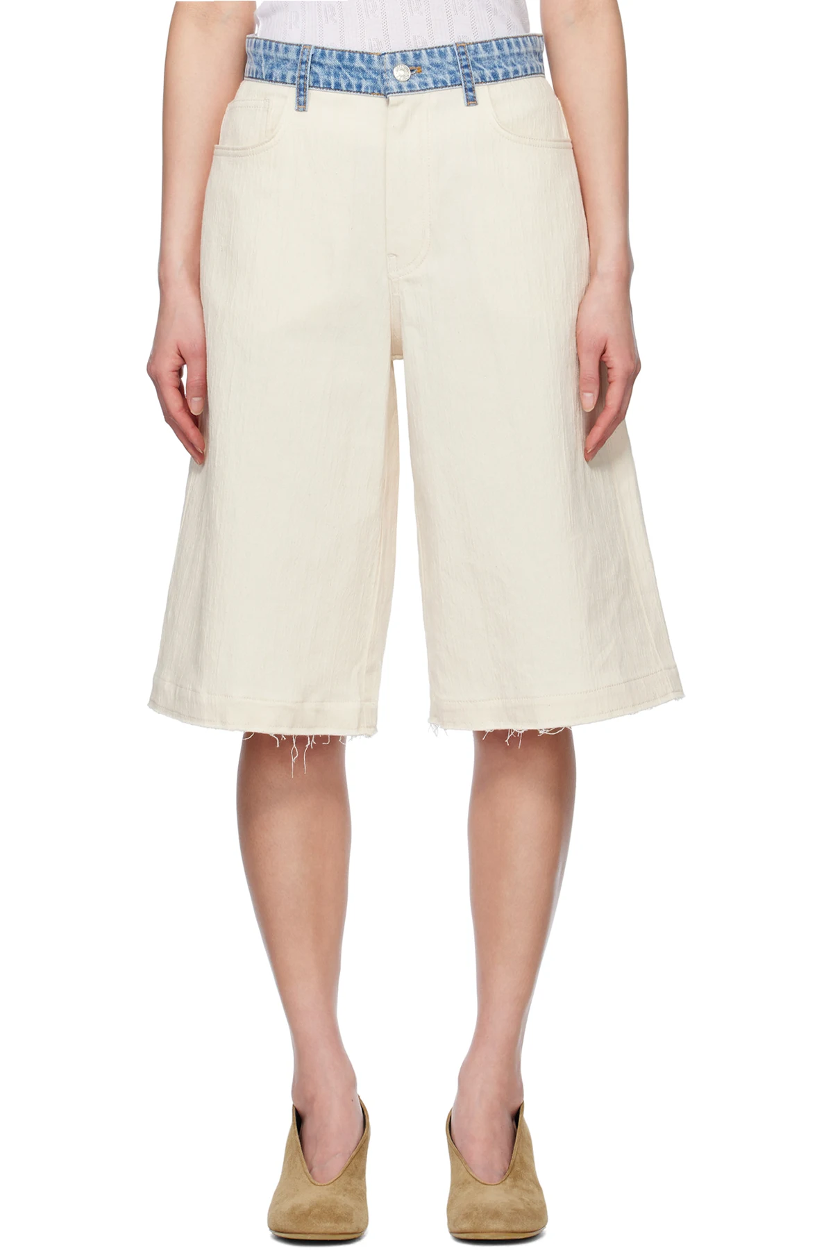 Beige & Blue Textured Cotton Hemp Shorts