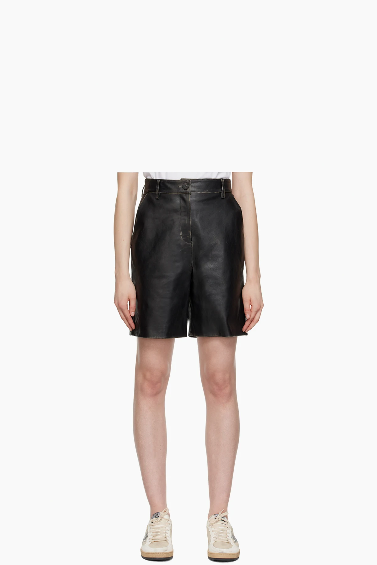 Black Four-Pocket Leather Shorts