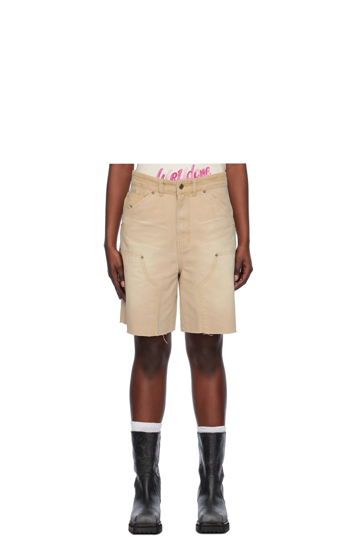 Beige Raw Edge Shorts