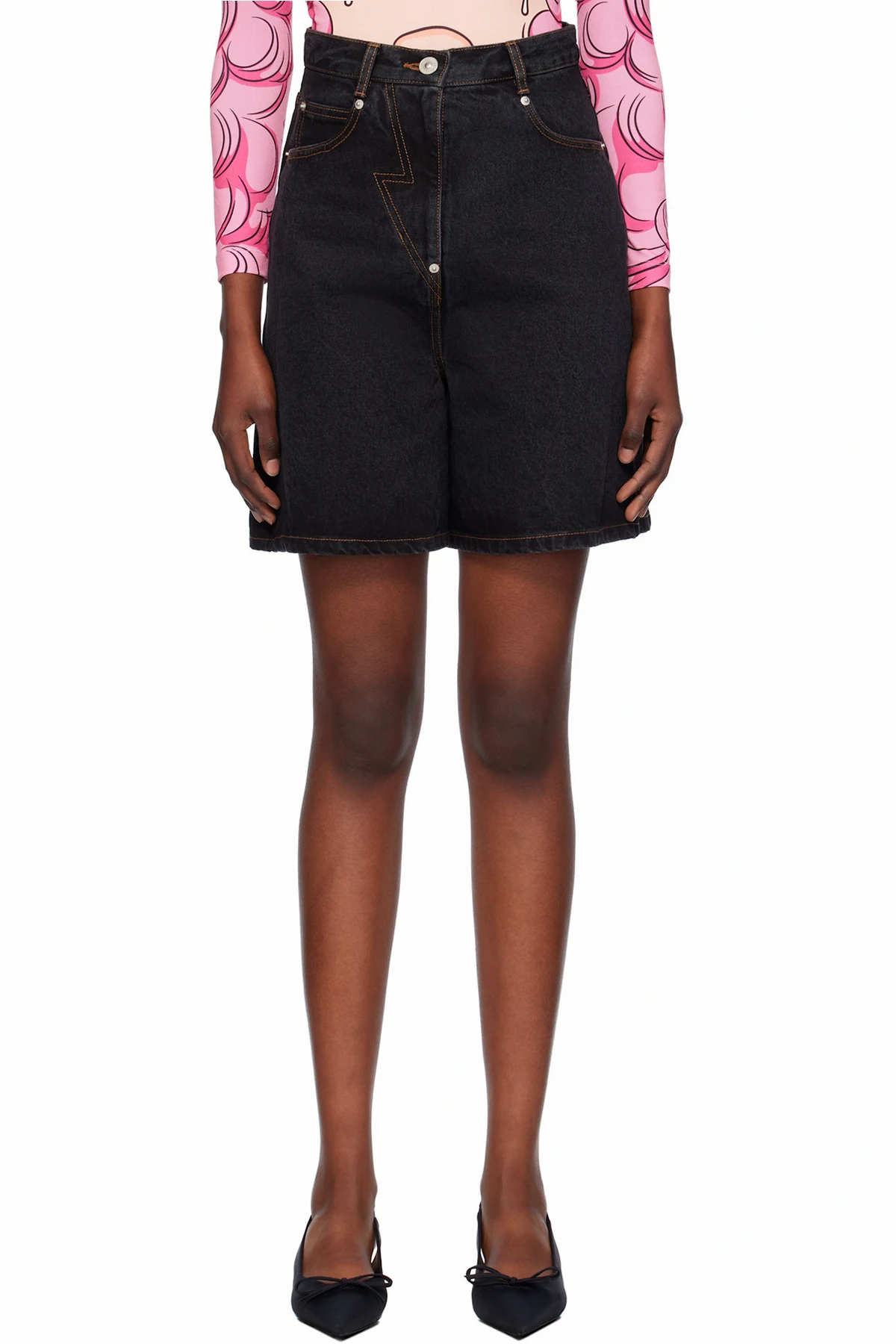 Navy Five-Pocket Denim Midi Skort