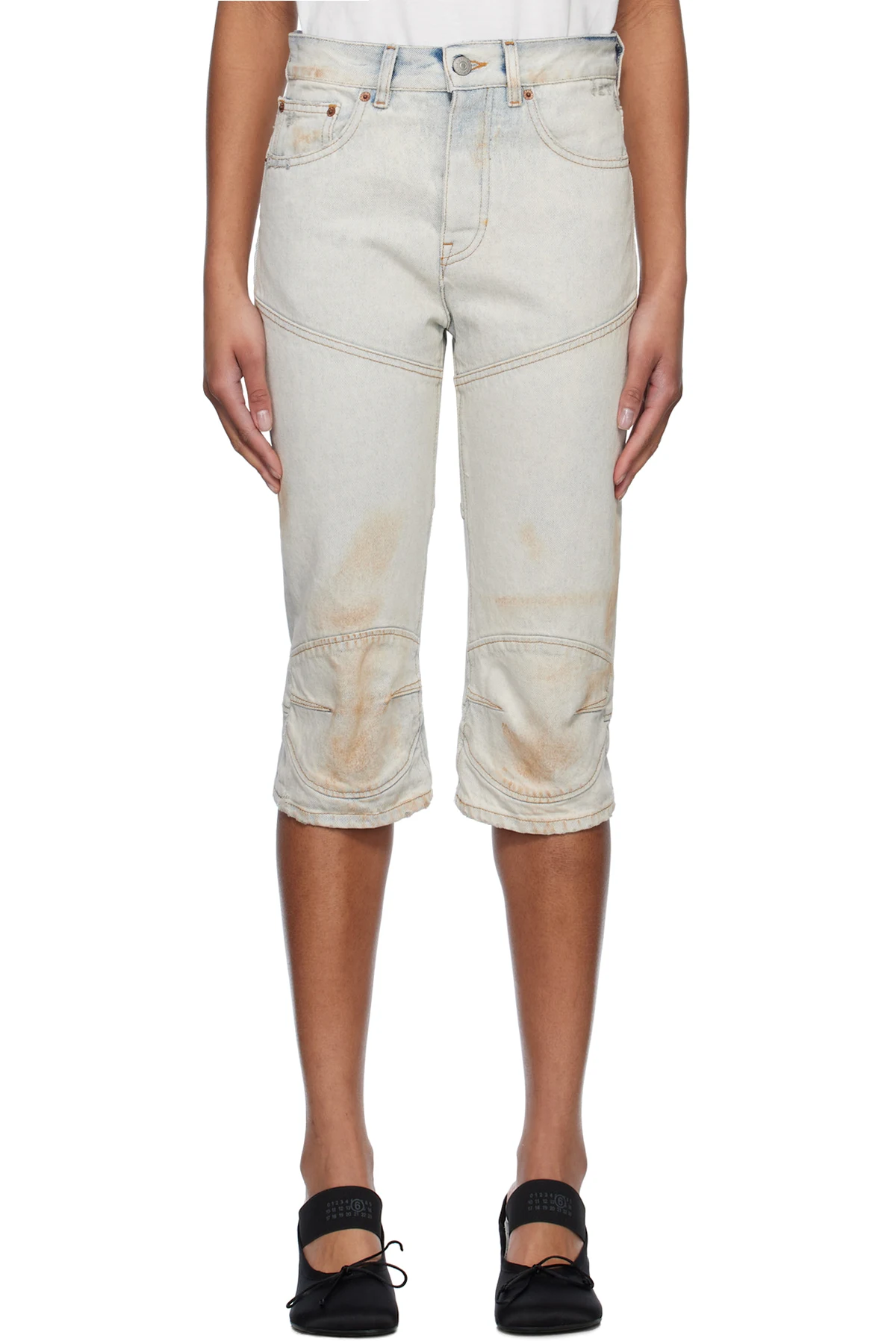 Blue Panel Sprayed Capri Denim Shorts